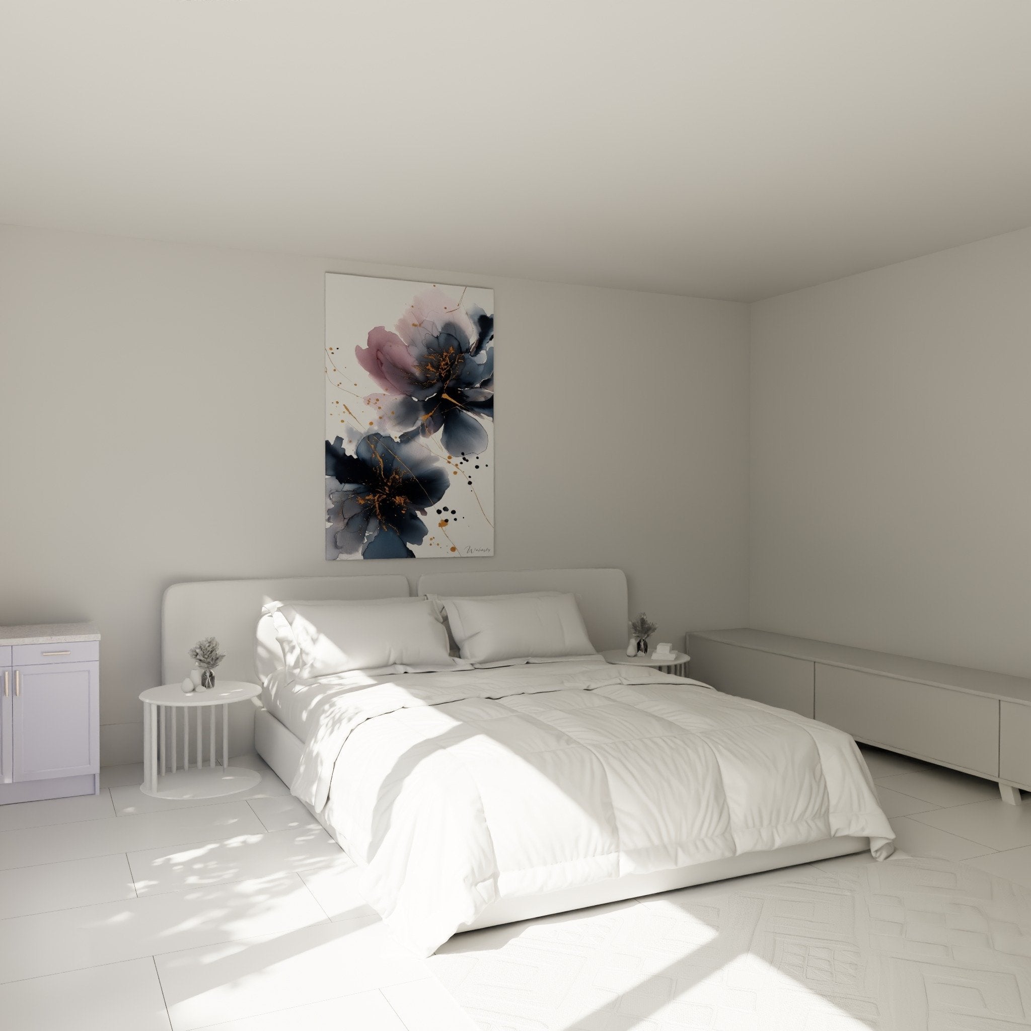 Watercolor flowers pink grey bedroom wall art feng shui southeast zen atmosphere