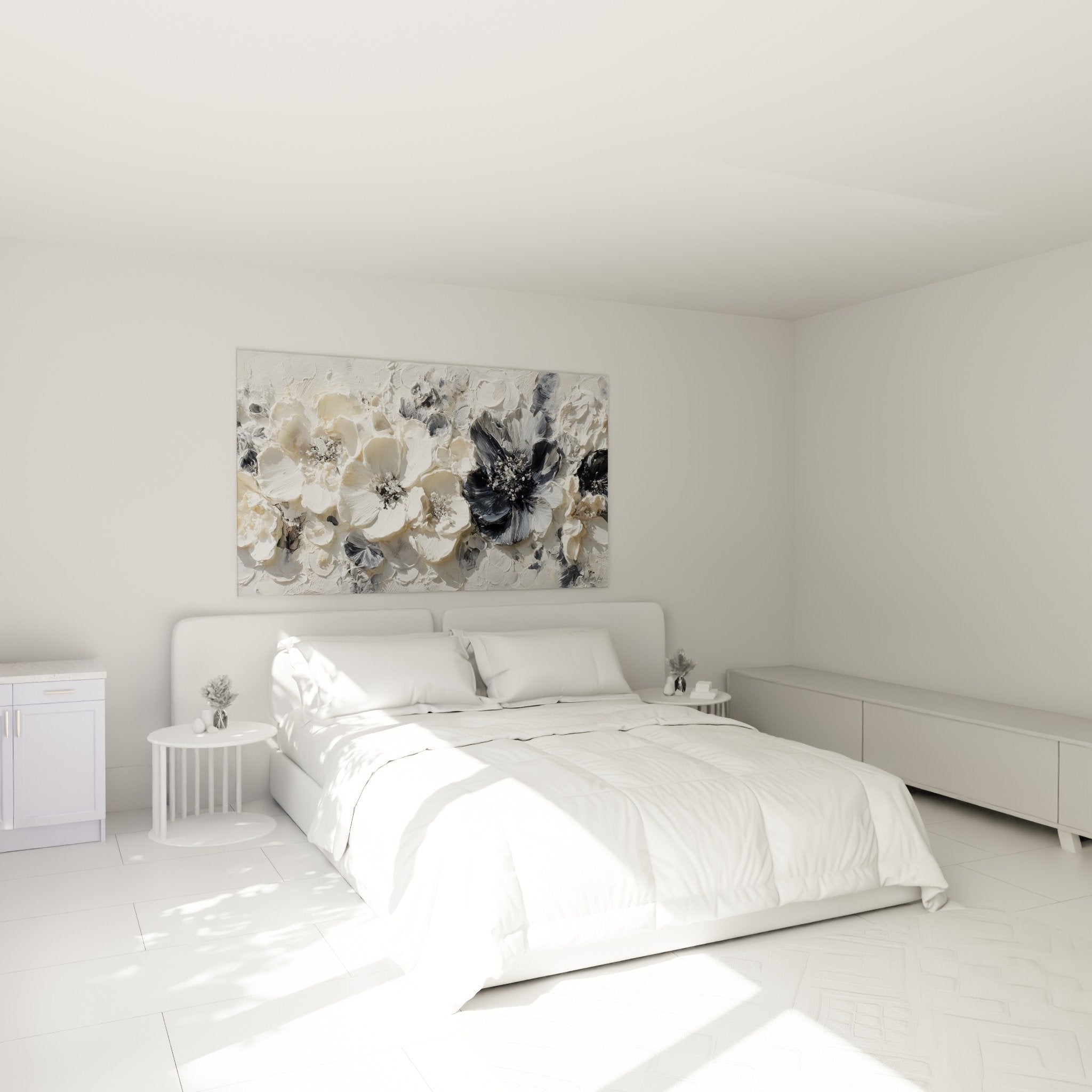 Tableau floral beige gris chambre parentale decoration murale feng shui nord ouest metal