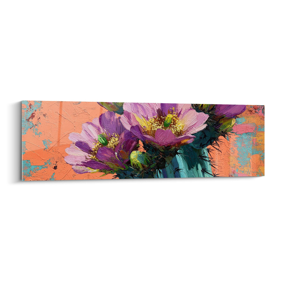 Tableau Fleurs de Cactus Violettes sur Fond Corail Abstrait - Floraison Désertique - Edition Cactus