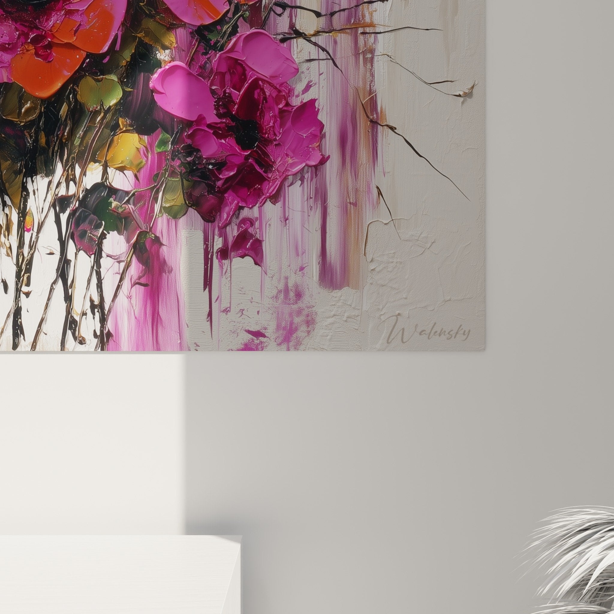 Fuchsia flowers abstract drips painting contemporary floral composition feng shui southeast