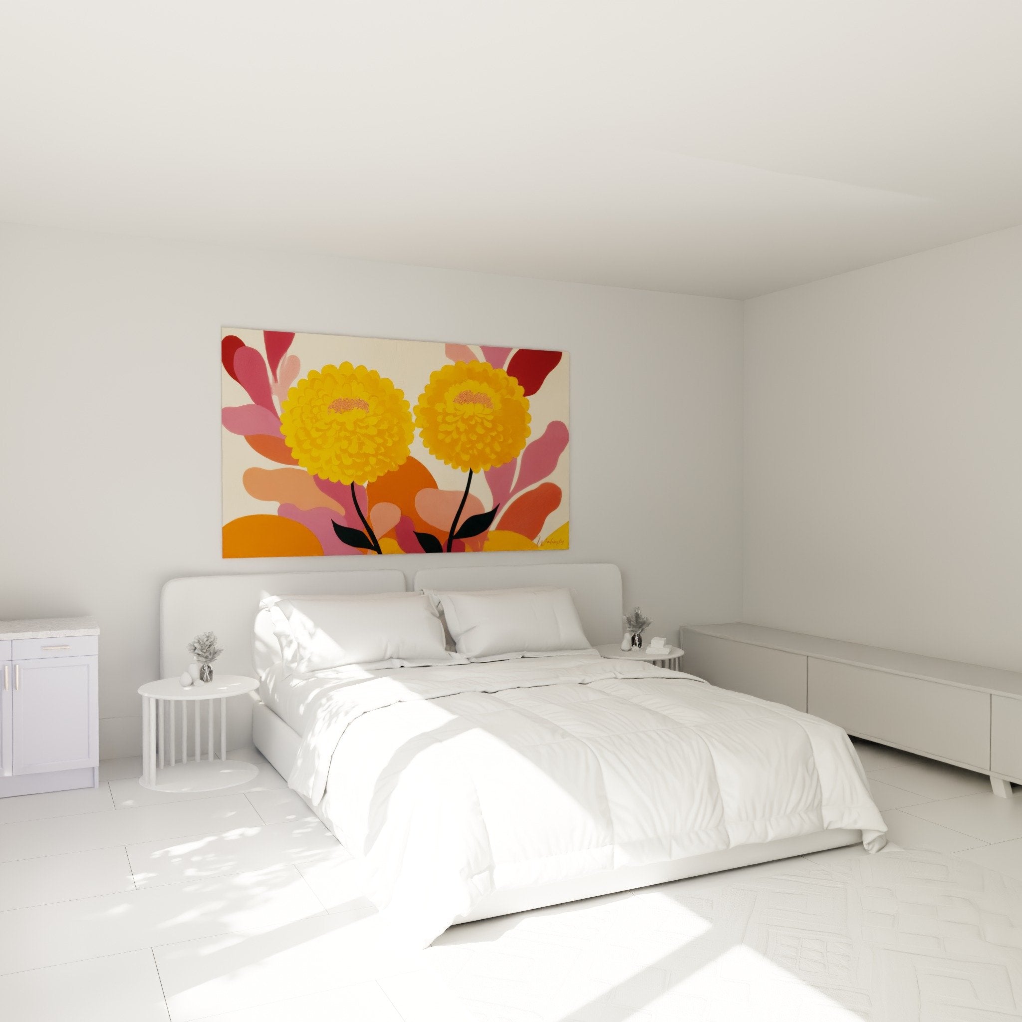 Tableau fleurs oranges dans chambre parentale decoration murale feng shui sud ouest terre harmonie couleurs chaudes