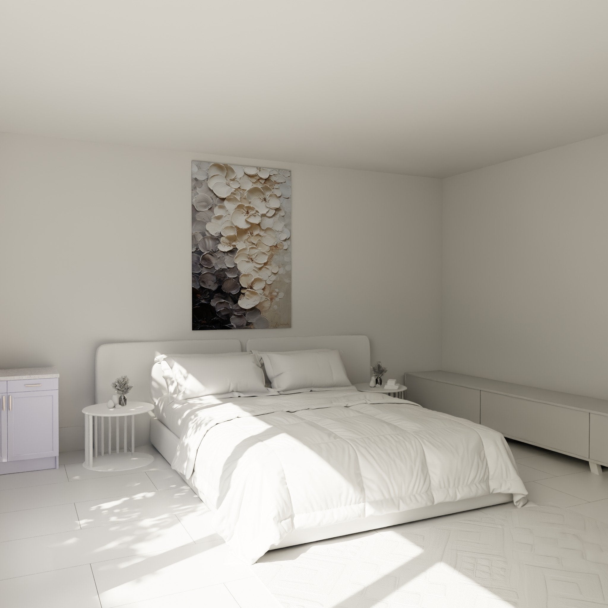 Tableau fleurs relief chambre decoration murale feng shui metal ambiance zen blanc beige apaisant