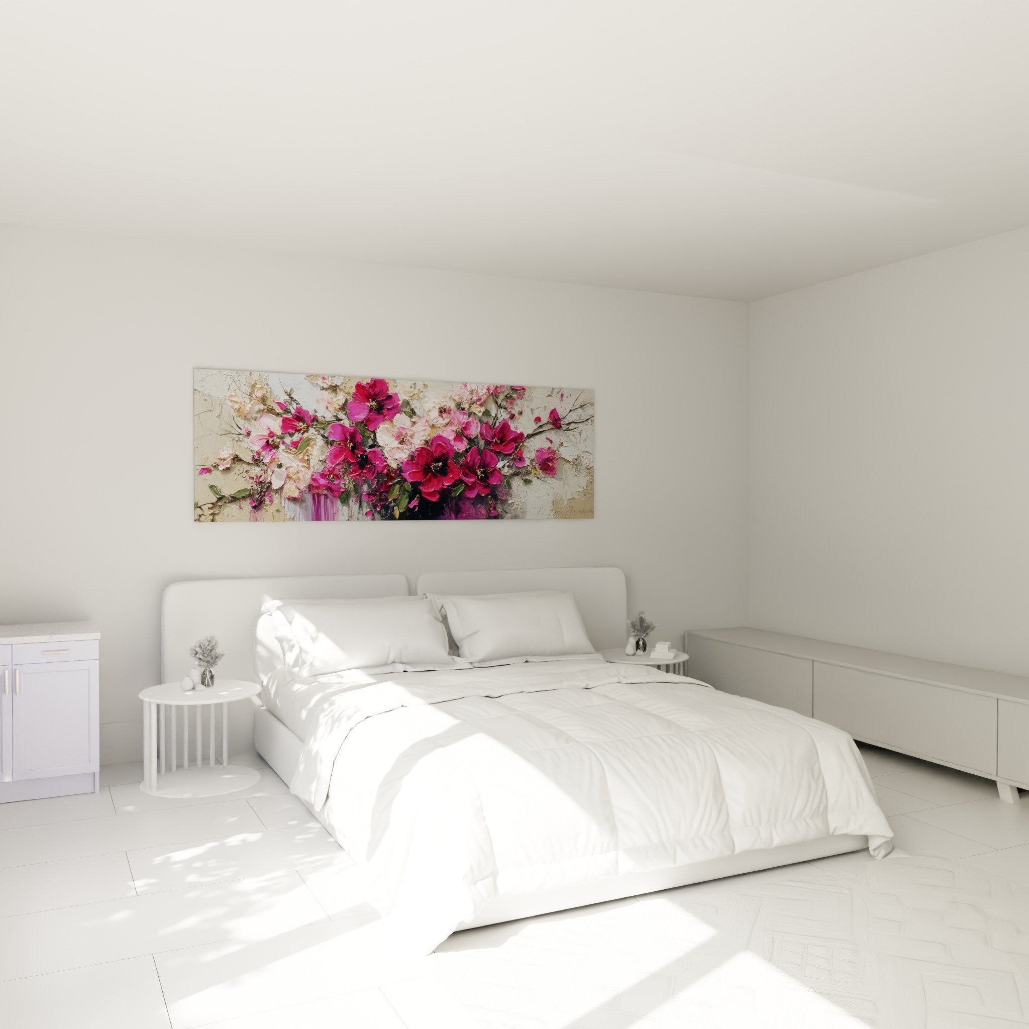 Tableau floral rose fuchsia chambre tete de lit decoration murale feng shui sud-est bois ambiance romantique