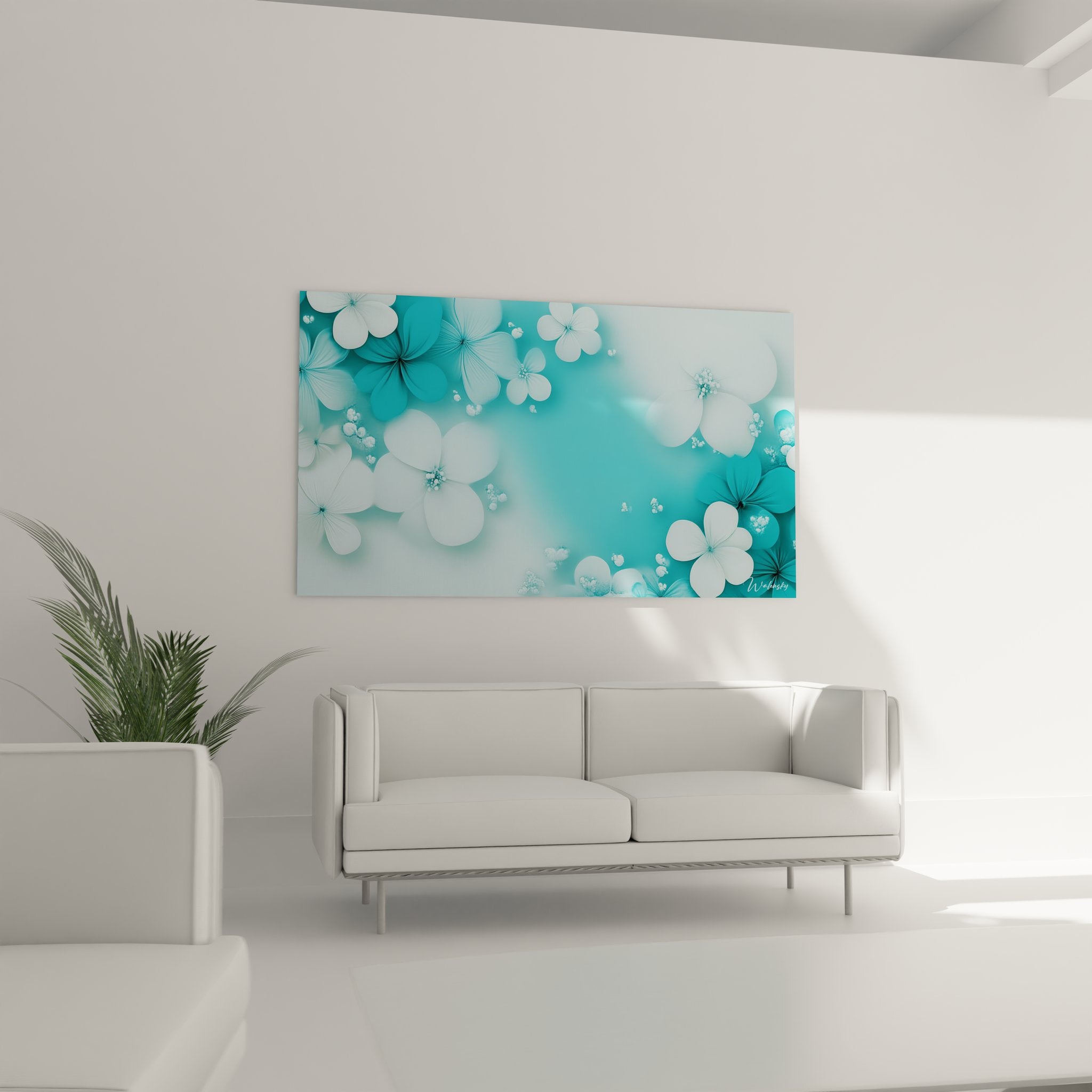 Gros plan détaillé fleurs turquoise aux étamines perlées et pétales transparents effet aquatique