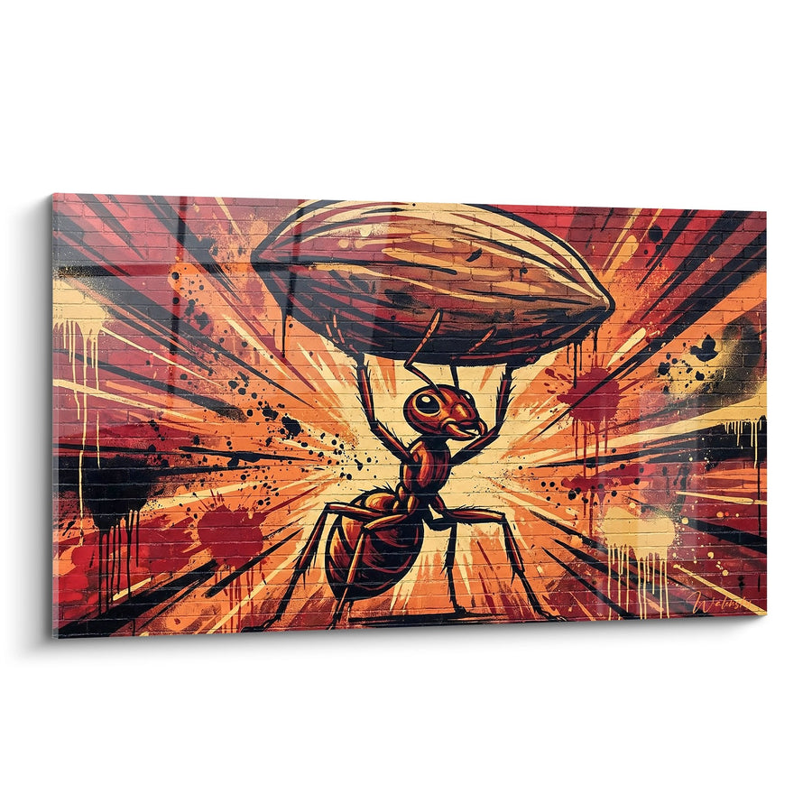 Tableau Fourmi Portant une Feuille sur Fond d'Explosion Orange et Rouge - Force Héroïque - Edition Fourmie