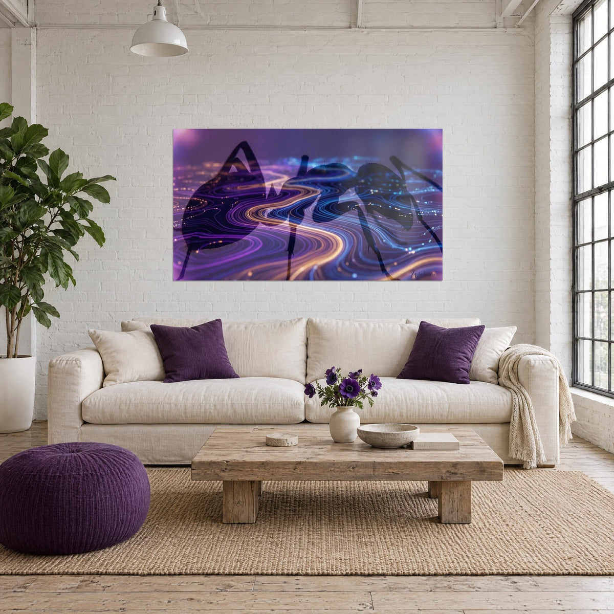 Gemälde einer abstrakten Ameise in indigoblauer Silhouette auf violetten und goldenen Schlieren, kobaltblaue Reflexe, über einem Sofa in einem hellen Wohnzimmer