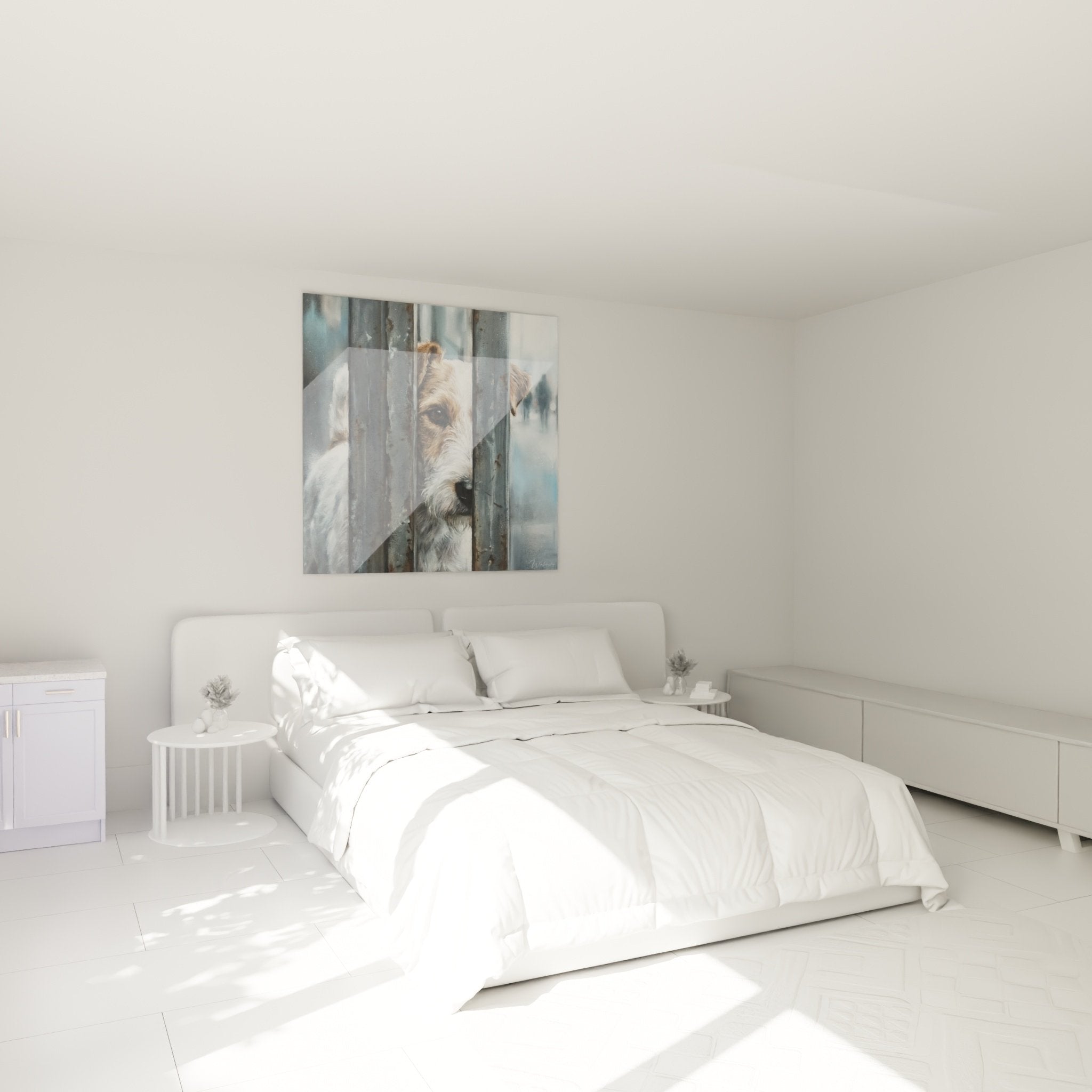 Tableau fox terrier barreaux métal décorant chambre moderne ambiance contemplative