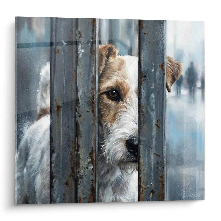 Gemälde Fox Terrier schaut durch Gitterstäbe - Fesselnder Blick - Fox Terrier Edition