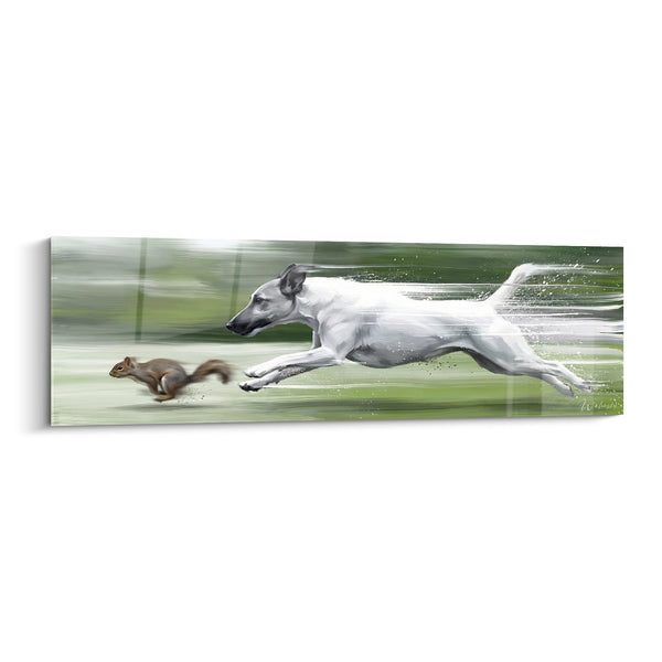 Cuadro de Perro Blanco en Carrera Dinámica Persiguiendo una Ardilla - Élan Vital - Edición Fox Terrier