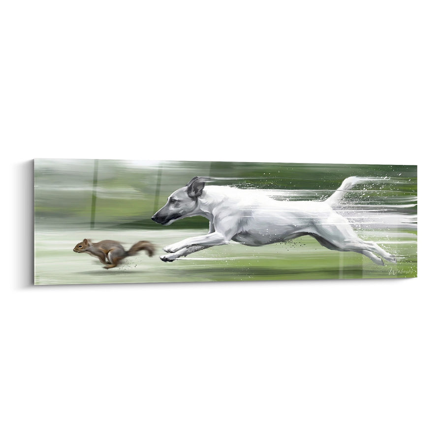 Tableau Chien Blanc en Course Dynamique Poursuivant un Écureuil - Élan Vital - Edition Fox Terrier