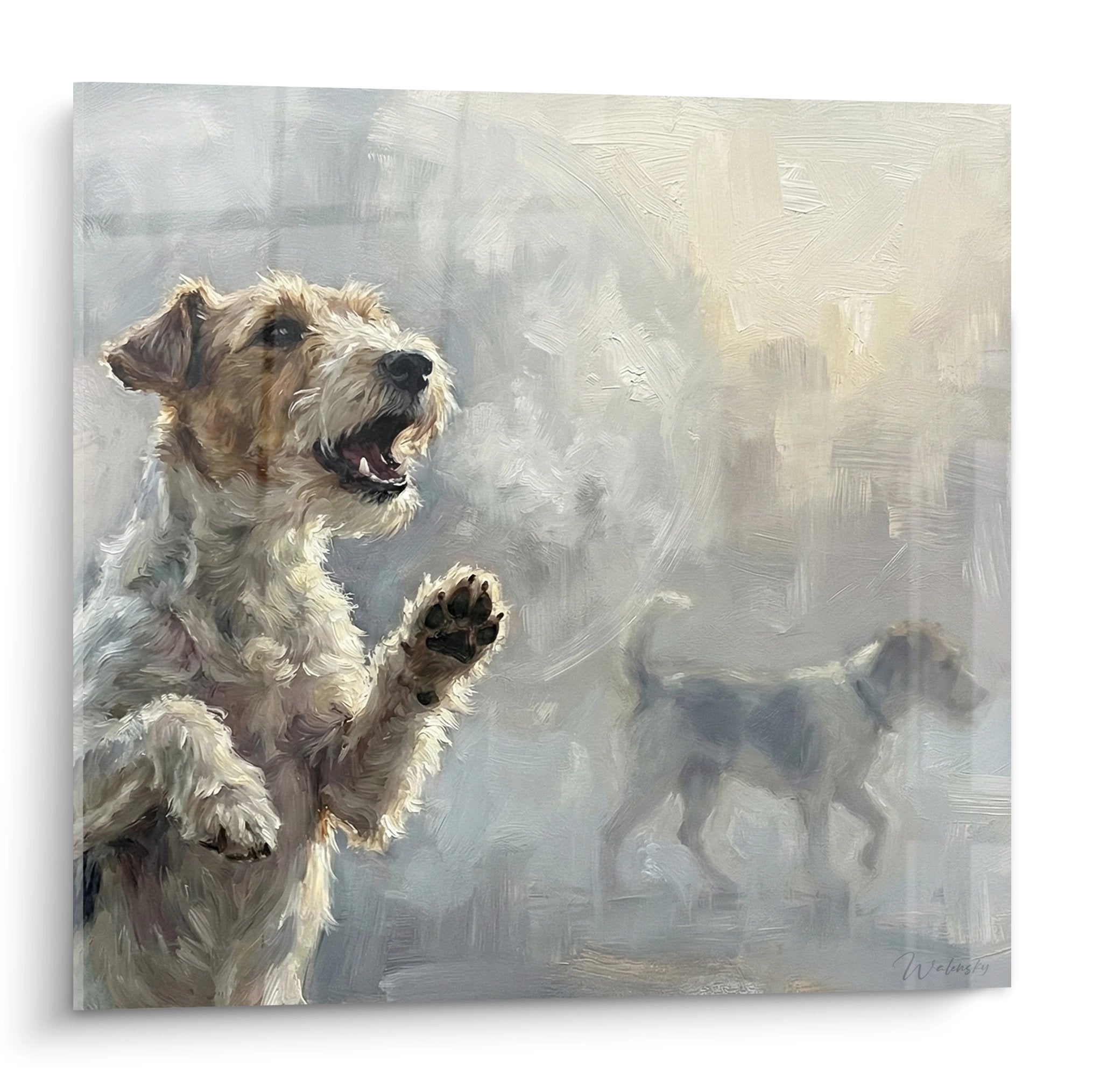 Tableau Fox Terrier bondissant gueule ouverte tons creme gris peinture dynamique joyeuse