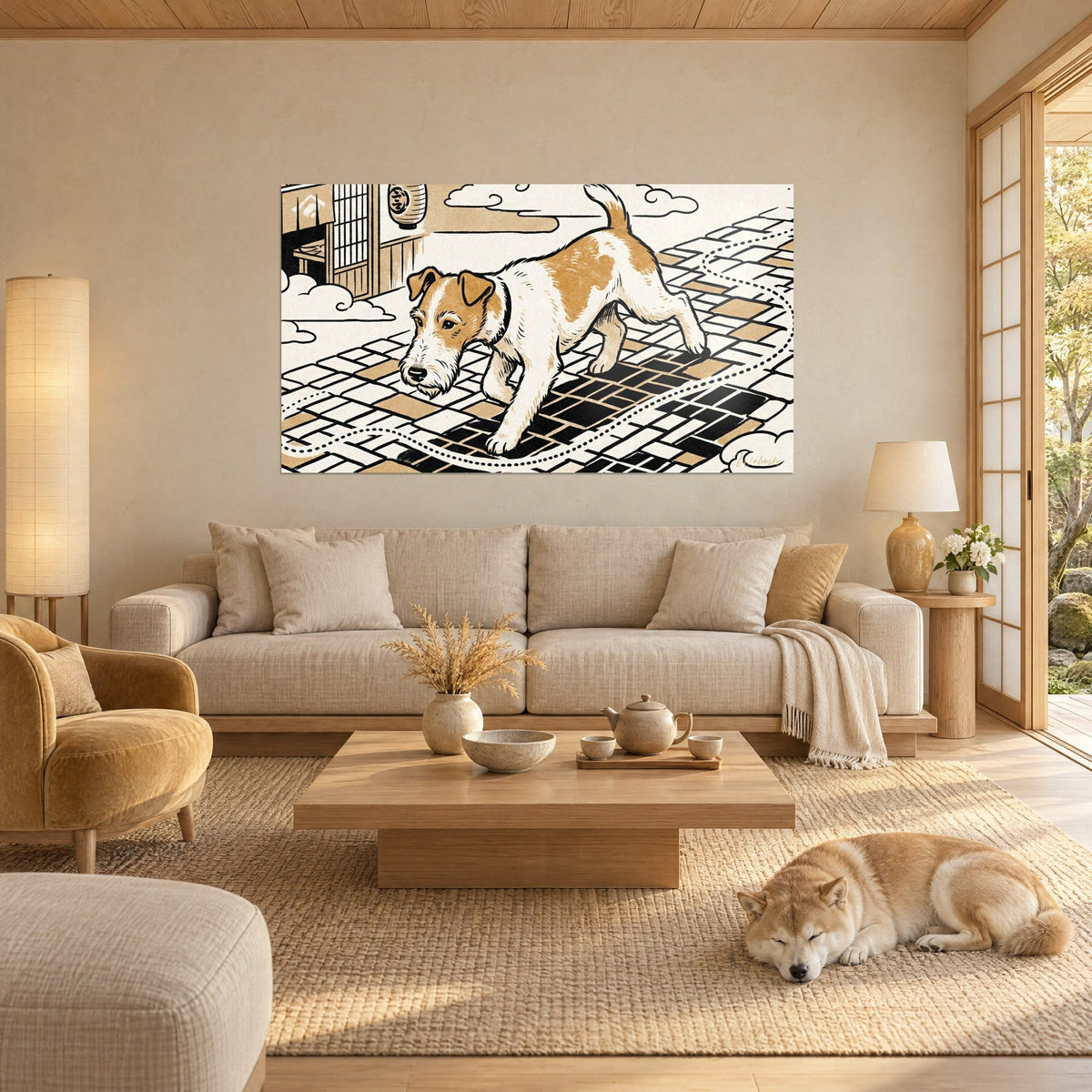Wall art white and tan fox terrier sniffing geometric tiles, Japanese lantern, sleeping Shiba, above a sofa in a bright living room