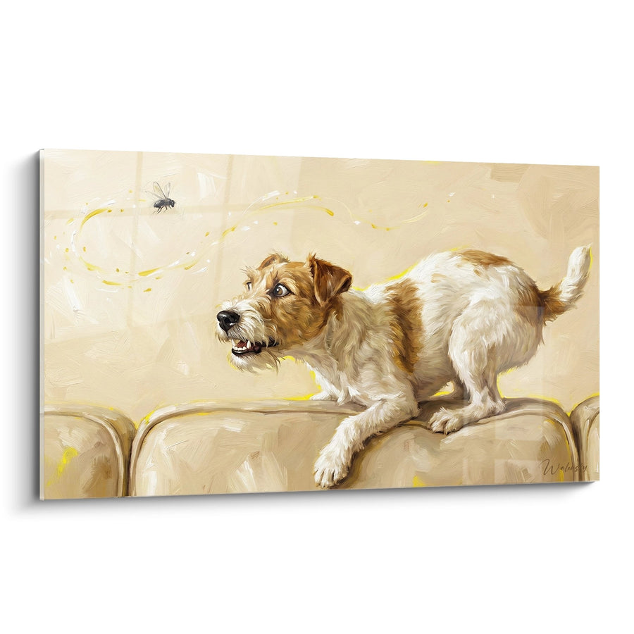 Tableau Chien Chassant une Mouche sur Canapé Beige - Instant Complice - Edition Fox Terrier