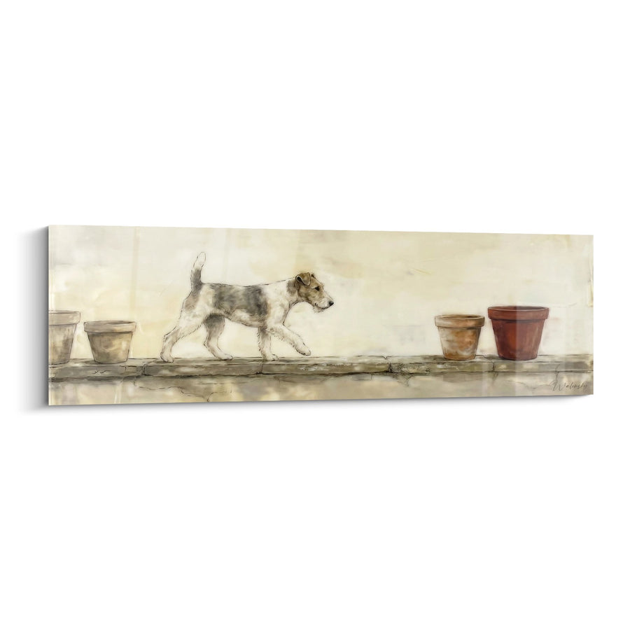 Tableau Chiot Tacheté Marchant entre les Pots en Terre Cuite - Promenade Innocente - Edition Fox Terrier