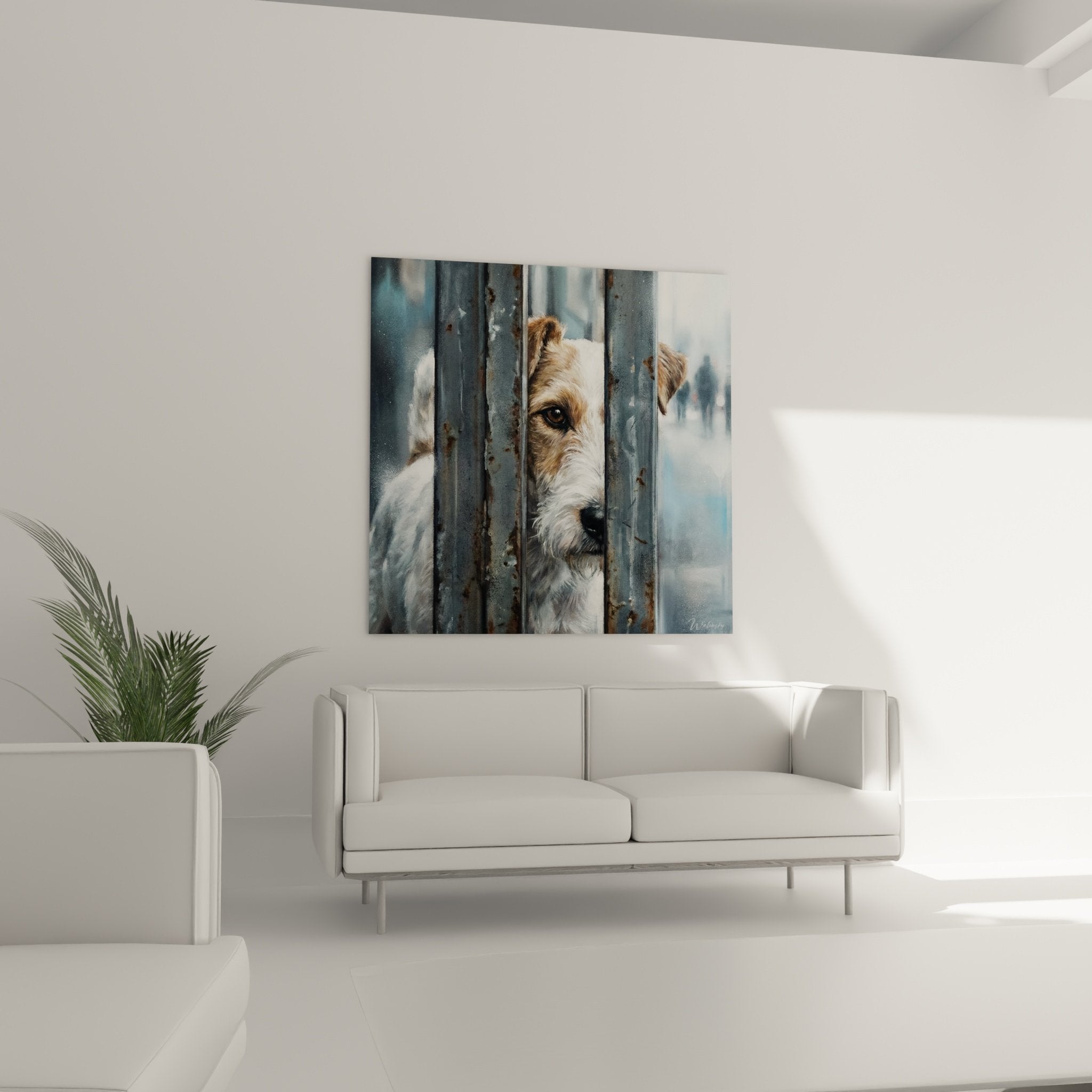 Détail portrait fox terrier pelage beige blanc regard intense barreaux premier plan