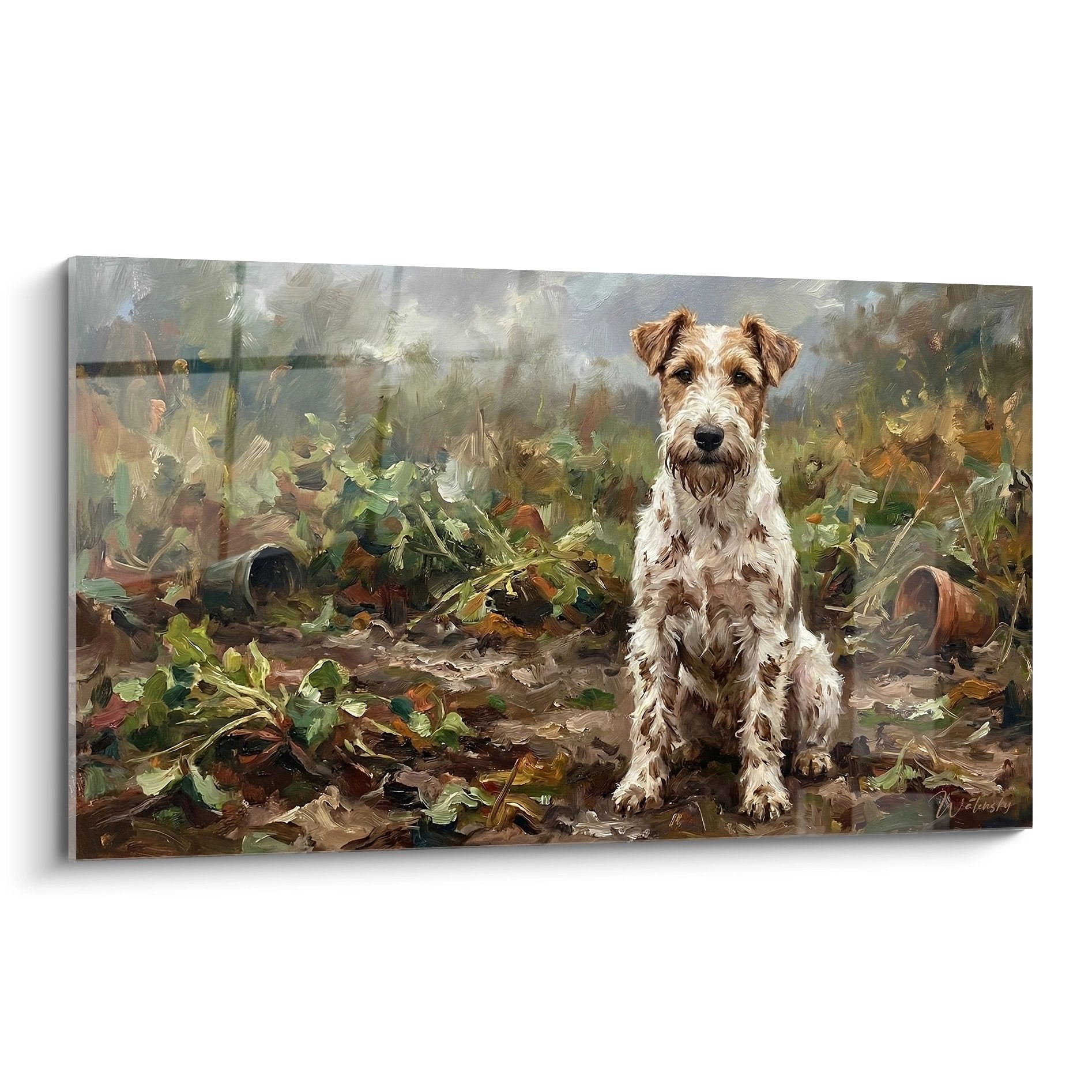 Tableau fox terrier assis jardin pots renverses terre cuite peinture impressionniste couleurs naturelles
