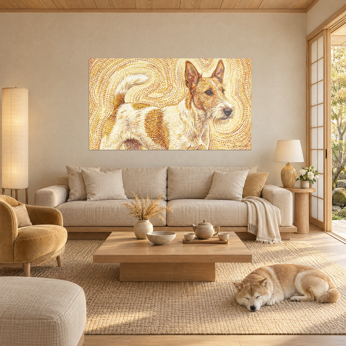 Wall art fox terrier in gold pointillism, cream and russet coat, ears pricked, above a sofa in a bright living room