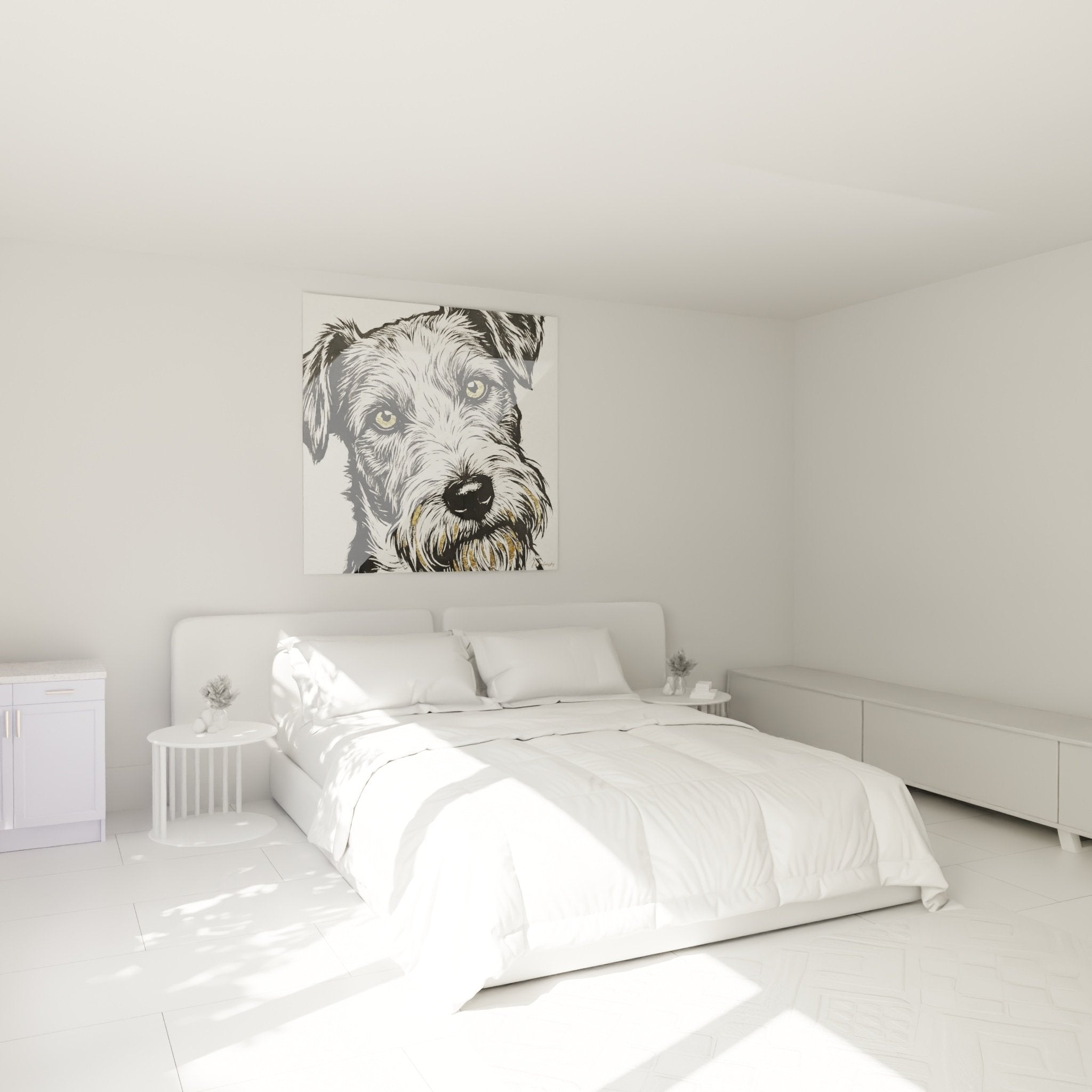 Portrait Fox Terrier yeux dores dans chambre moderne decoration murale chien noir blanc elegant