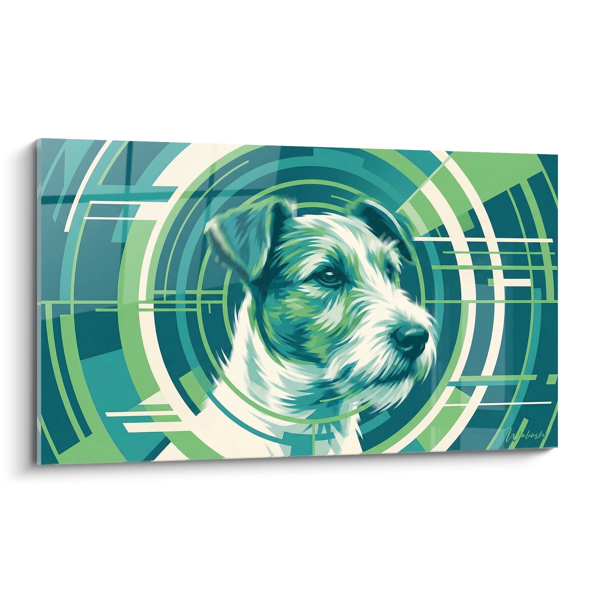 Portrait Fox Terrier geometrique turquoise vert cercles concentriques art moderne futuriste