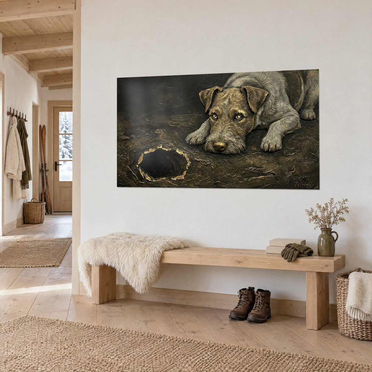 Wall art dog lying down with an amber gaze, textured brown earth and crater edged with gold leaf, above a light wood bench