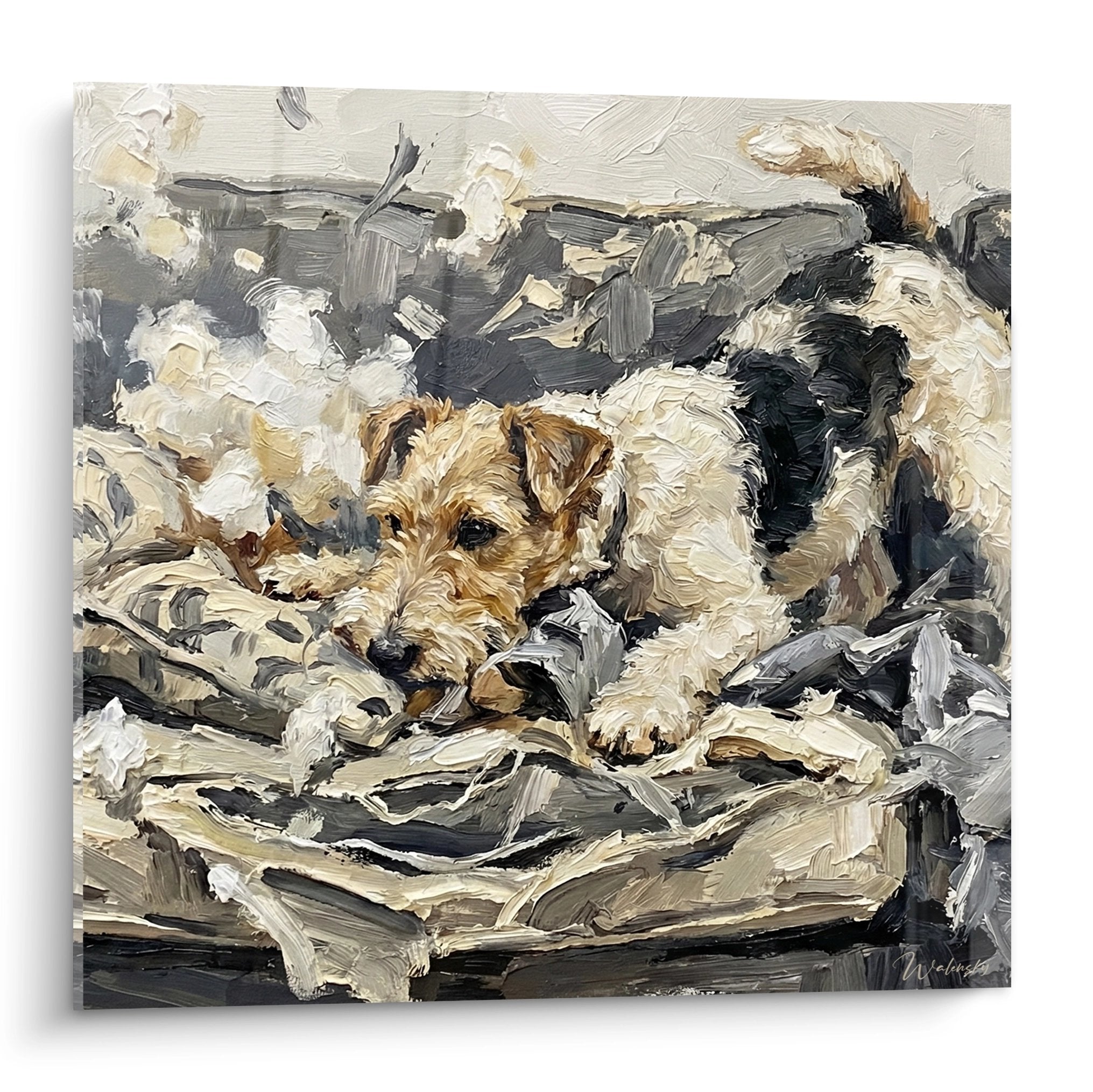 Peinture Fox Terrier allongé repos tissu beige tons neutres art animalier impressionniste