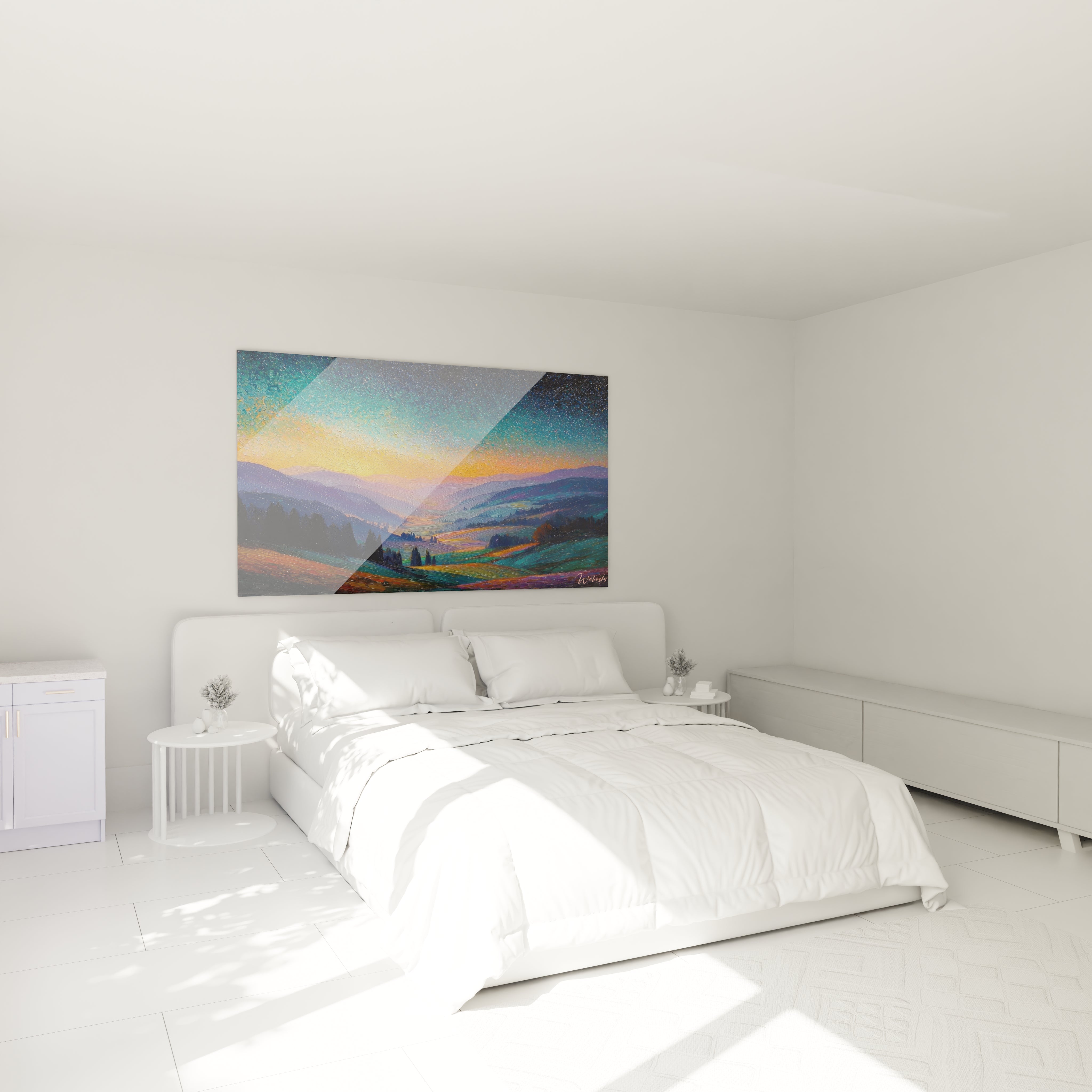 Walensky tableau mural avec tableau paysage montagneux colore montrant un cavalier et cheval au dessus d un lit blanc minimaliste