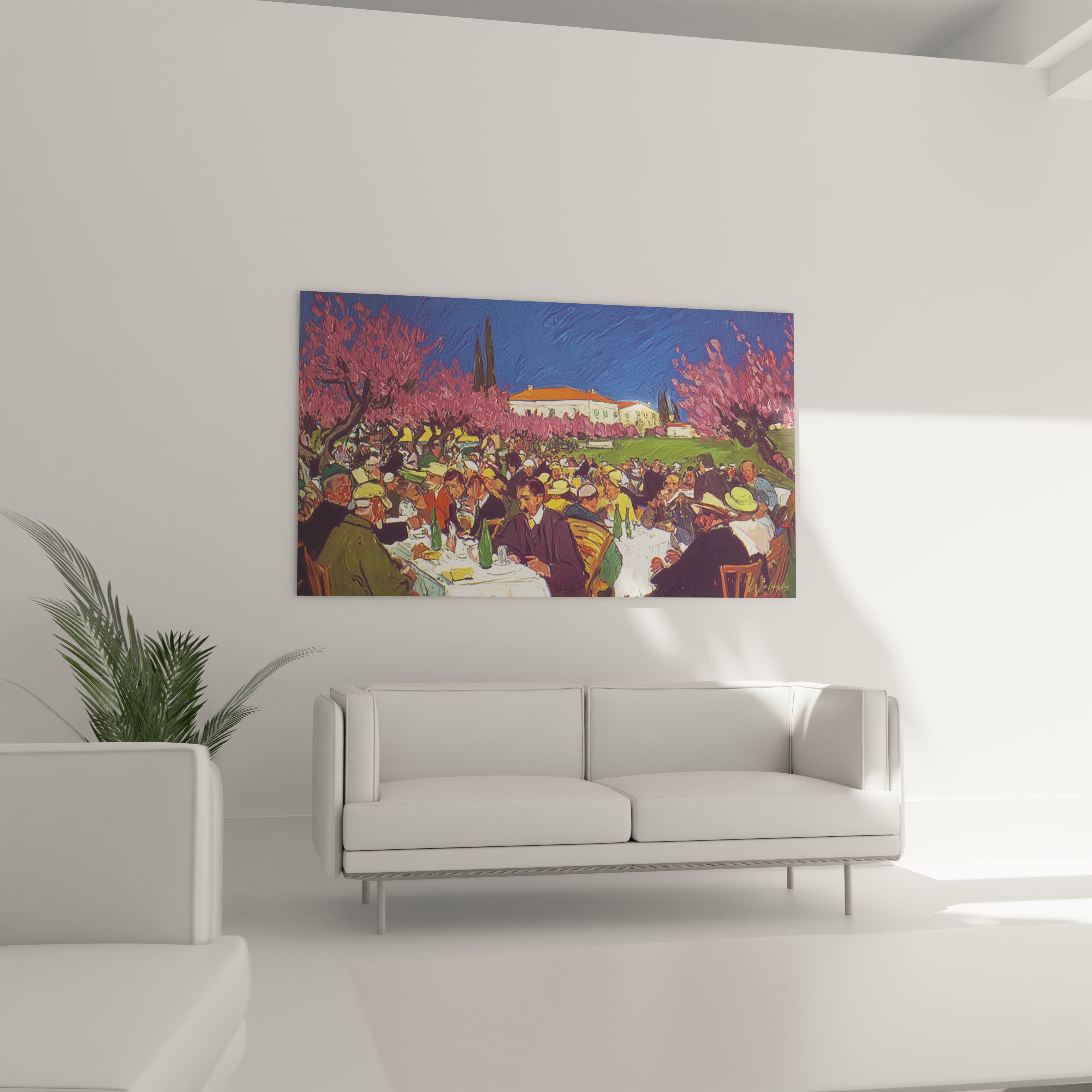 Tableau post impressionnisme original Walensky représentant une scène festive extérieure colorée