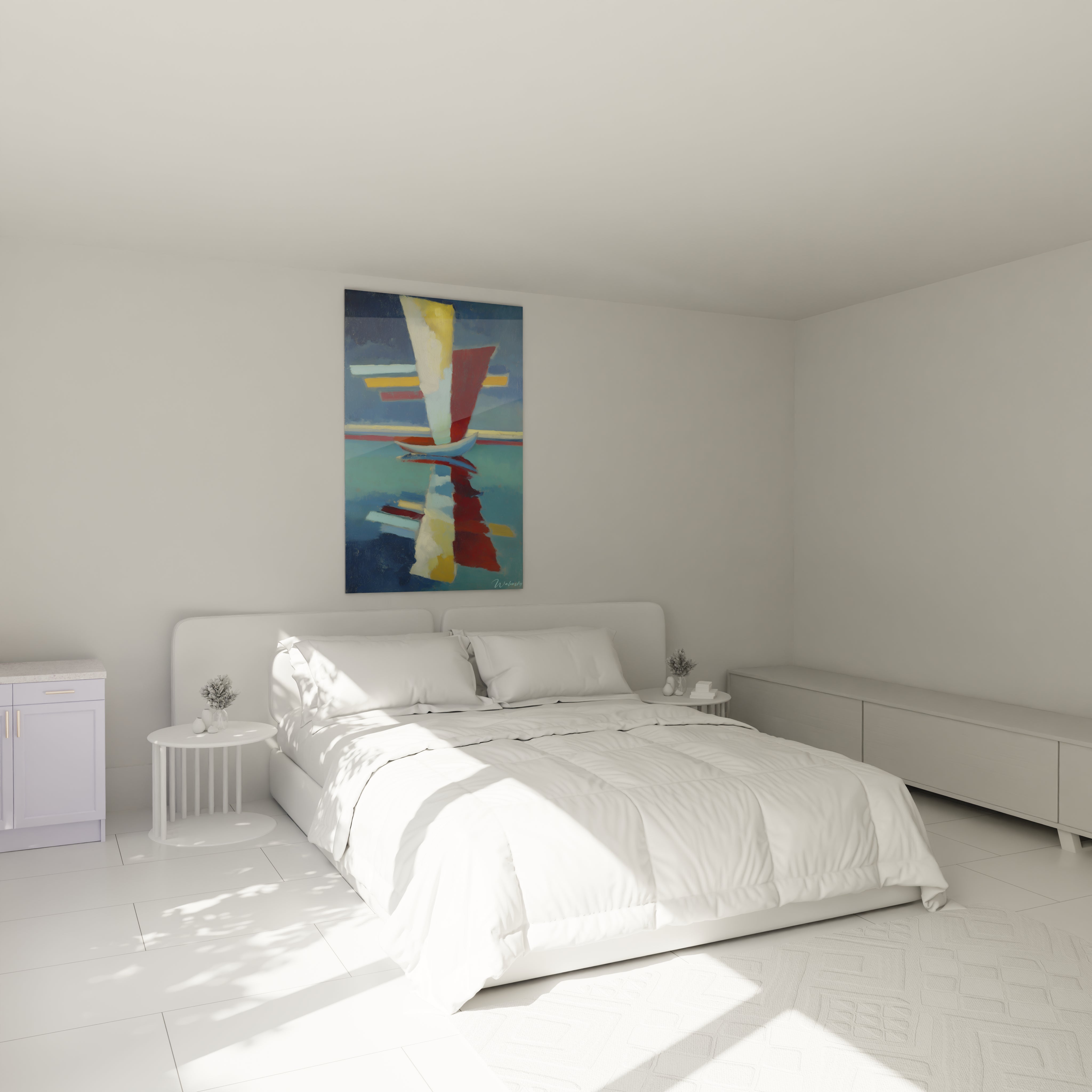 tableau bateau abstrait Walensky accroche au dessus d un lit blanc dans une chambre minimaliste inondee de soleil