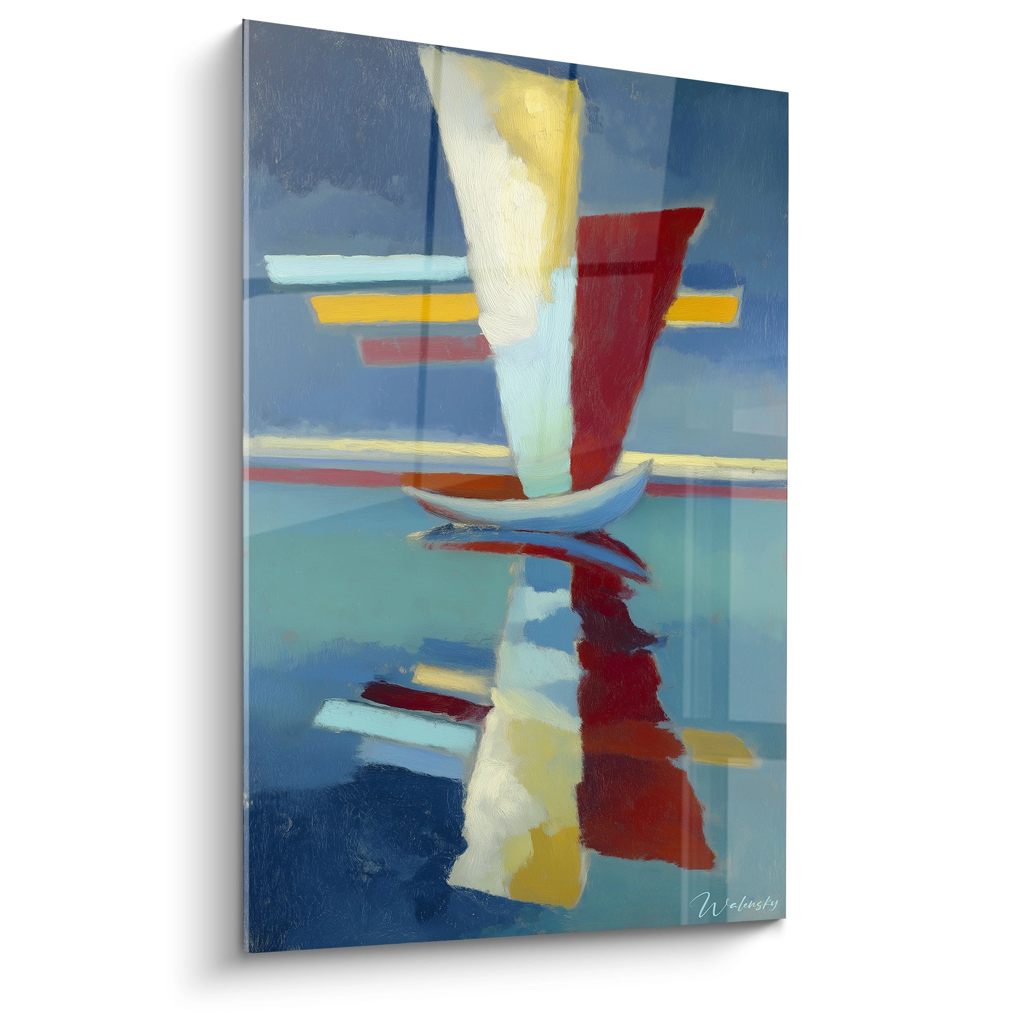 Walensky tableau bateau abstrait mural représentant voilier coloré et reflet moderne en bleu rouge et jaune pour salon