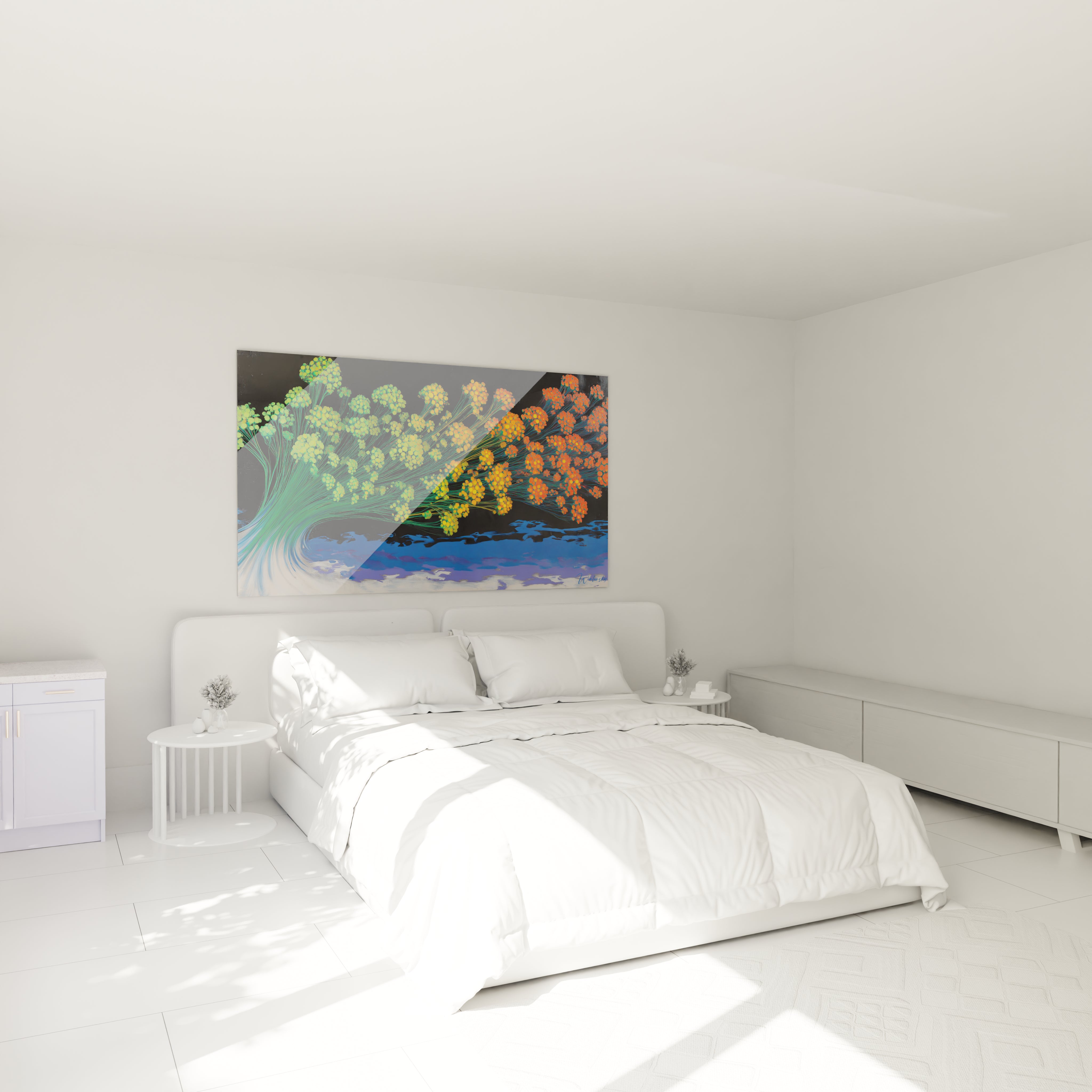 tableau arbre illusion mouvante Walensky accroche au dessus d un lit blanc dans une chambre minimaliste et lumineuse