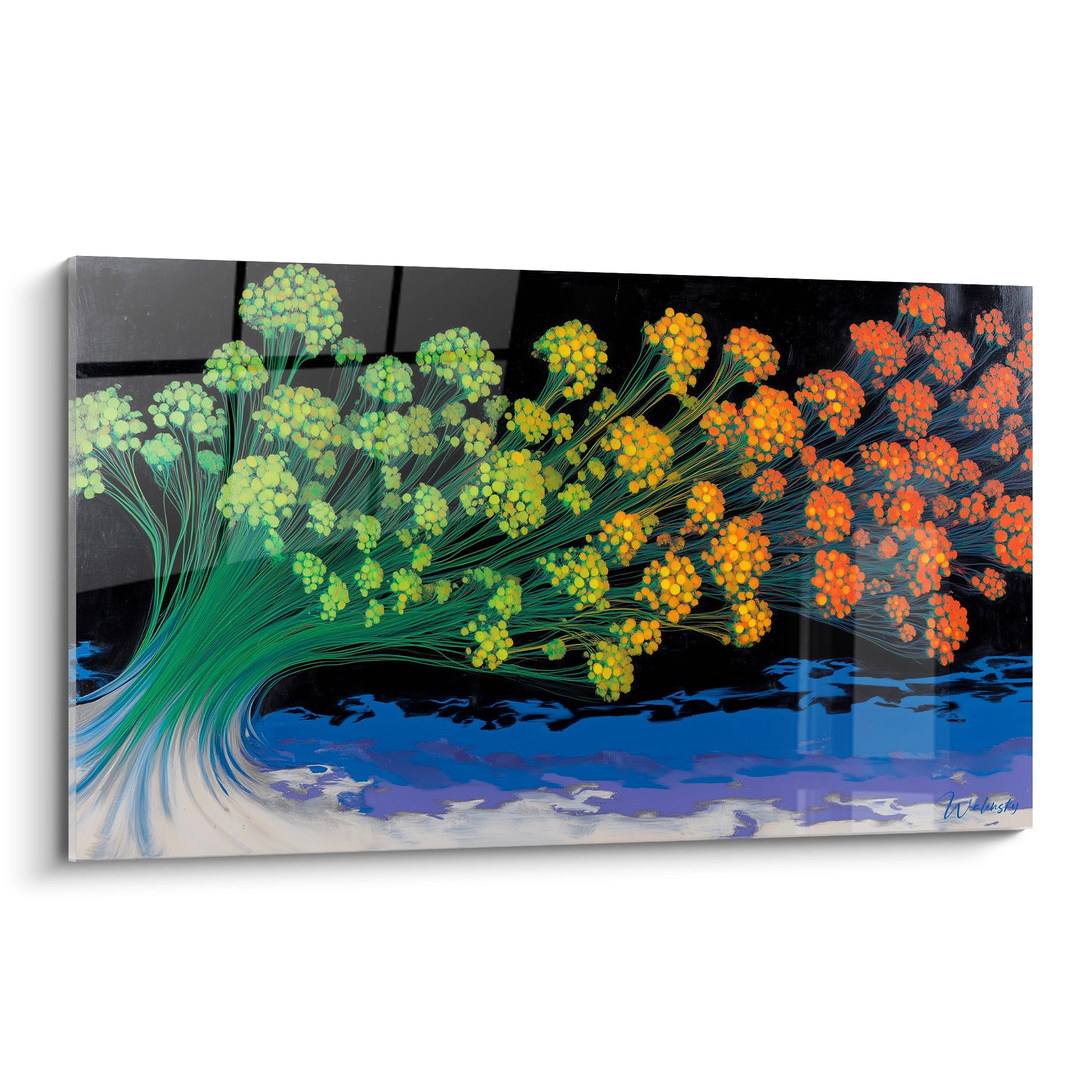 tableau arbre illusion mouvante Walensky peinture murale arbre stylise aux fleurs vertes jaunes orange sur fond noir bleu