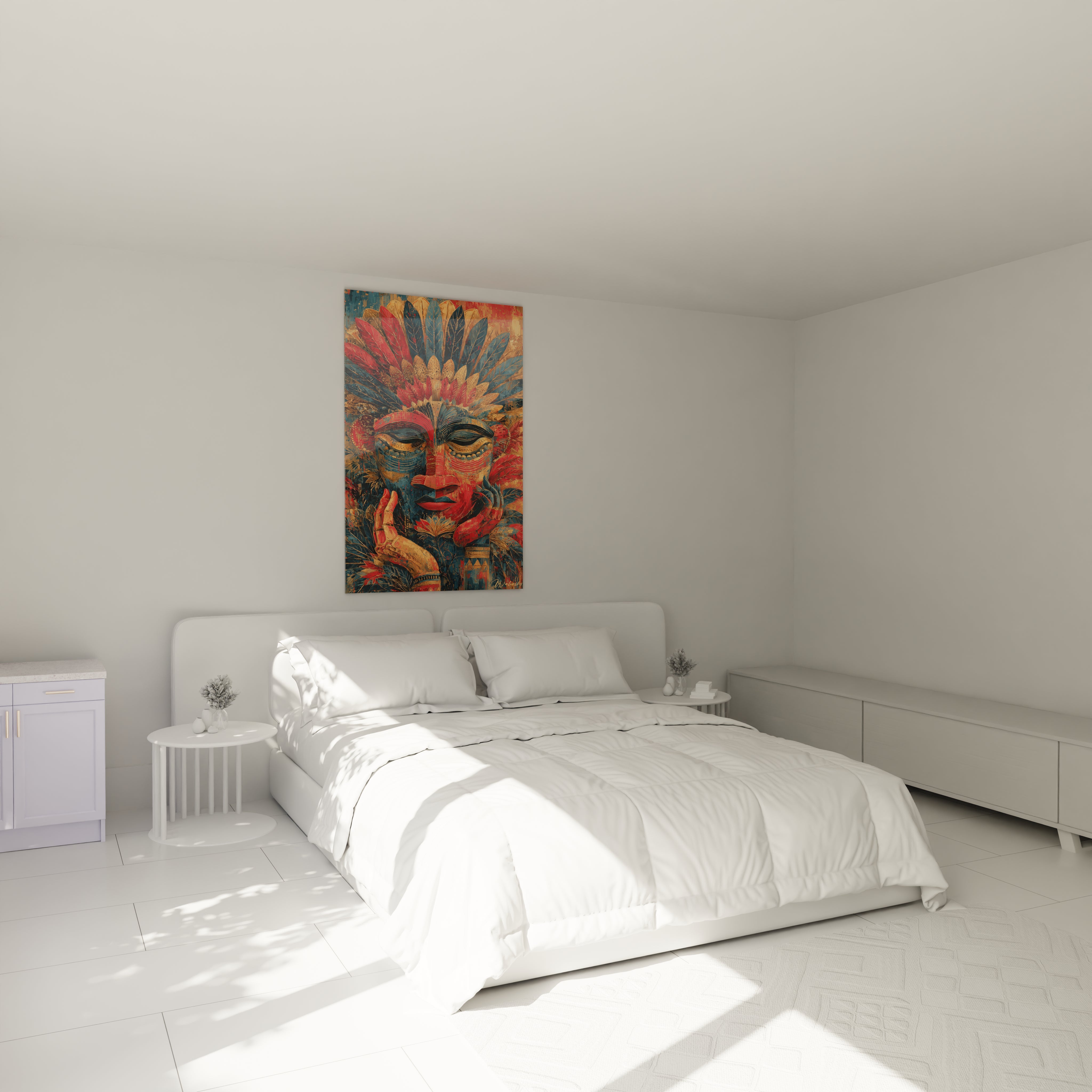 Tableau mural Walensky visage tribal coloré à plumes au dessus d un lit blanc minimaliste tableau art tribal forêt sacrée