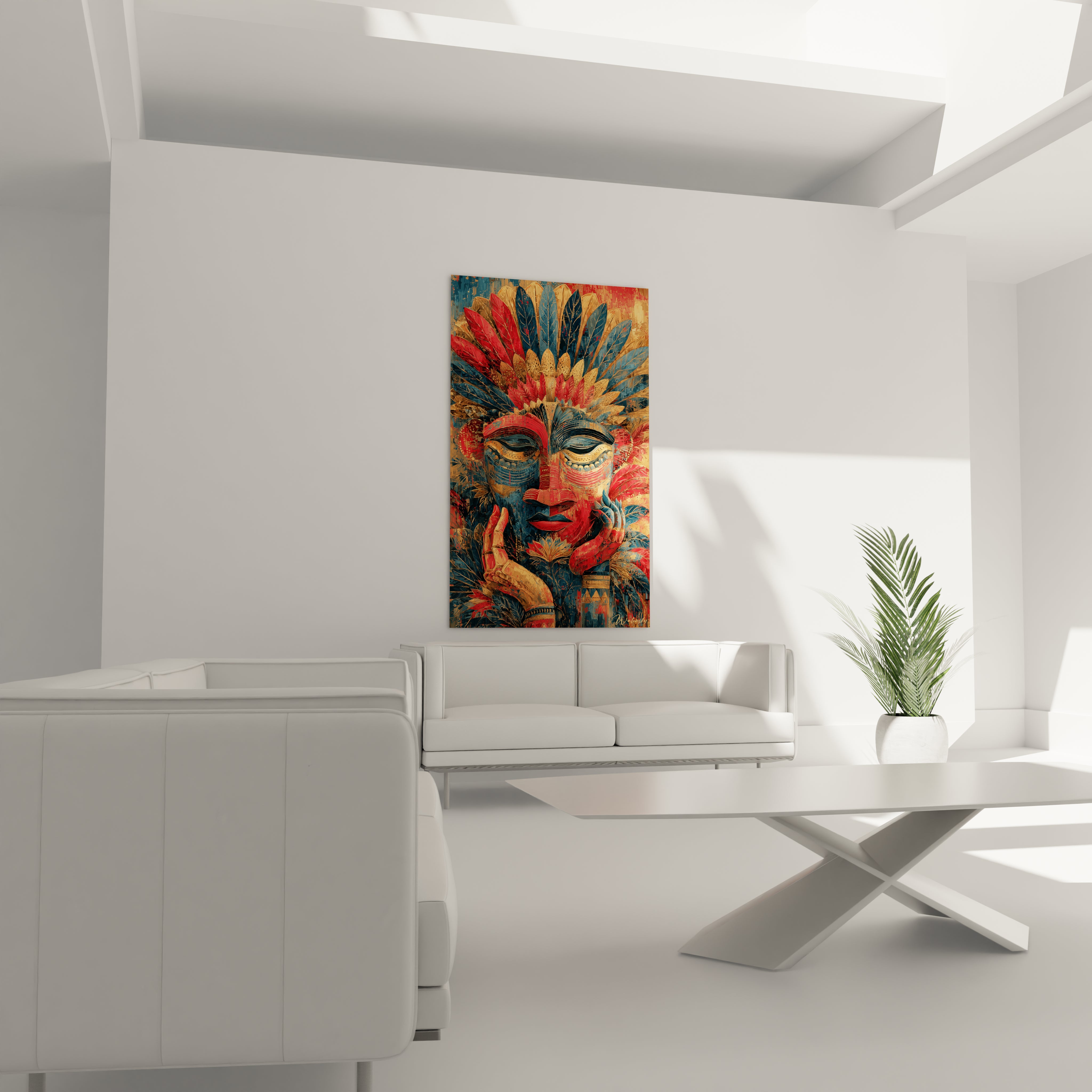 Walensky tableau art tribal forêt sacrée peinture murale colorée masque tribal accroché au mur d un salon blanc moderne