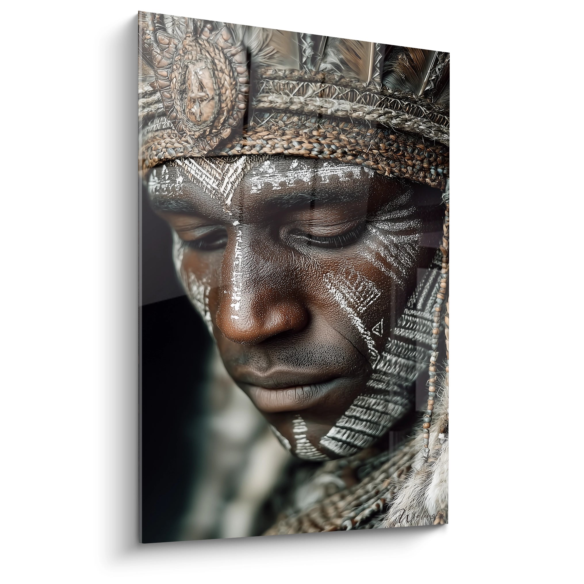 tableau art tribal Walensky tableau mural portrait homme visage peint motifs blancs coiffe traditionnelle plumes