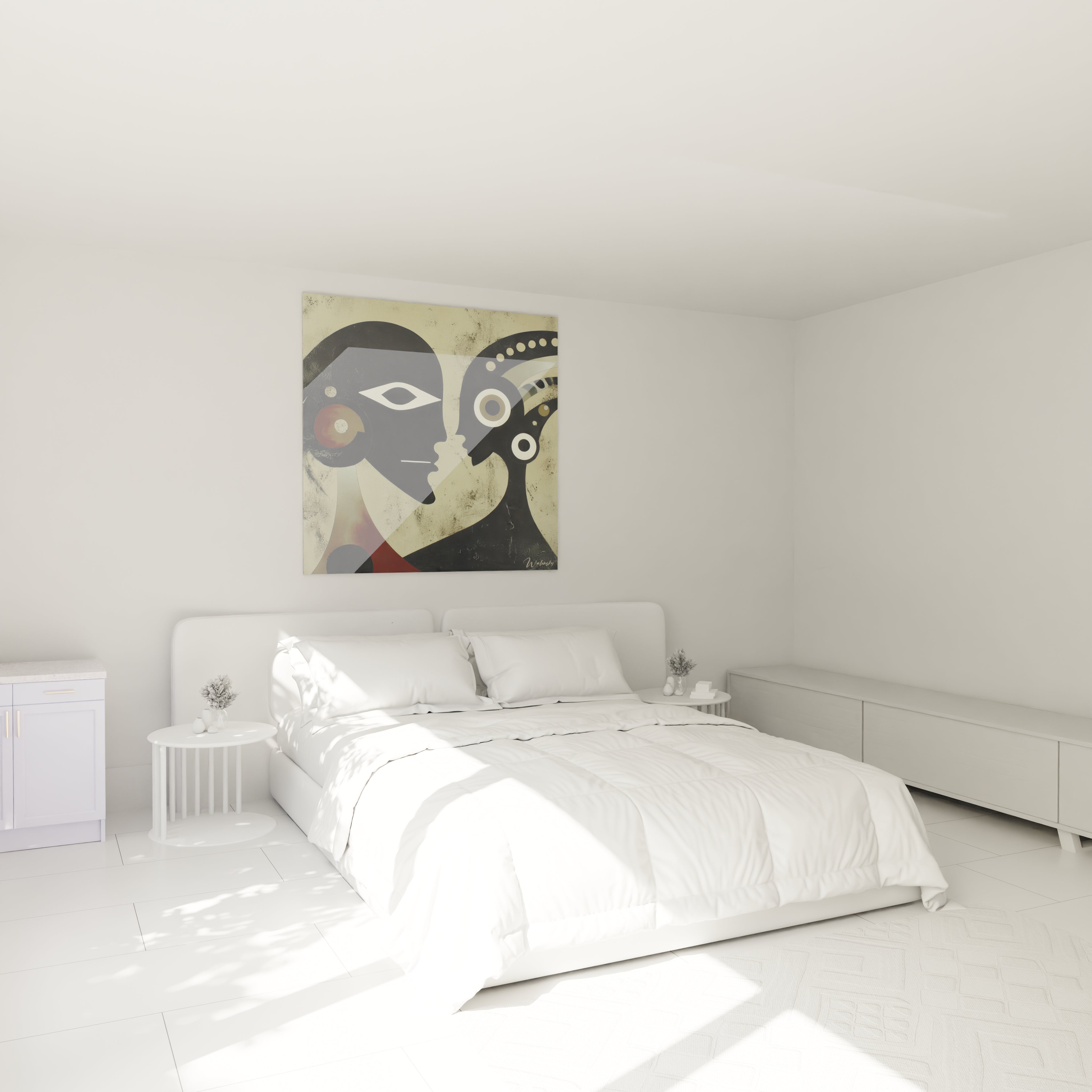 tableau art tribal moderne Walensky accroché au dessus d un lit blanc minimaliste dans une chambre lumineuse