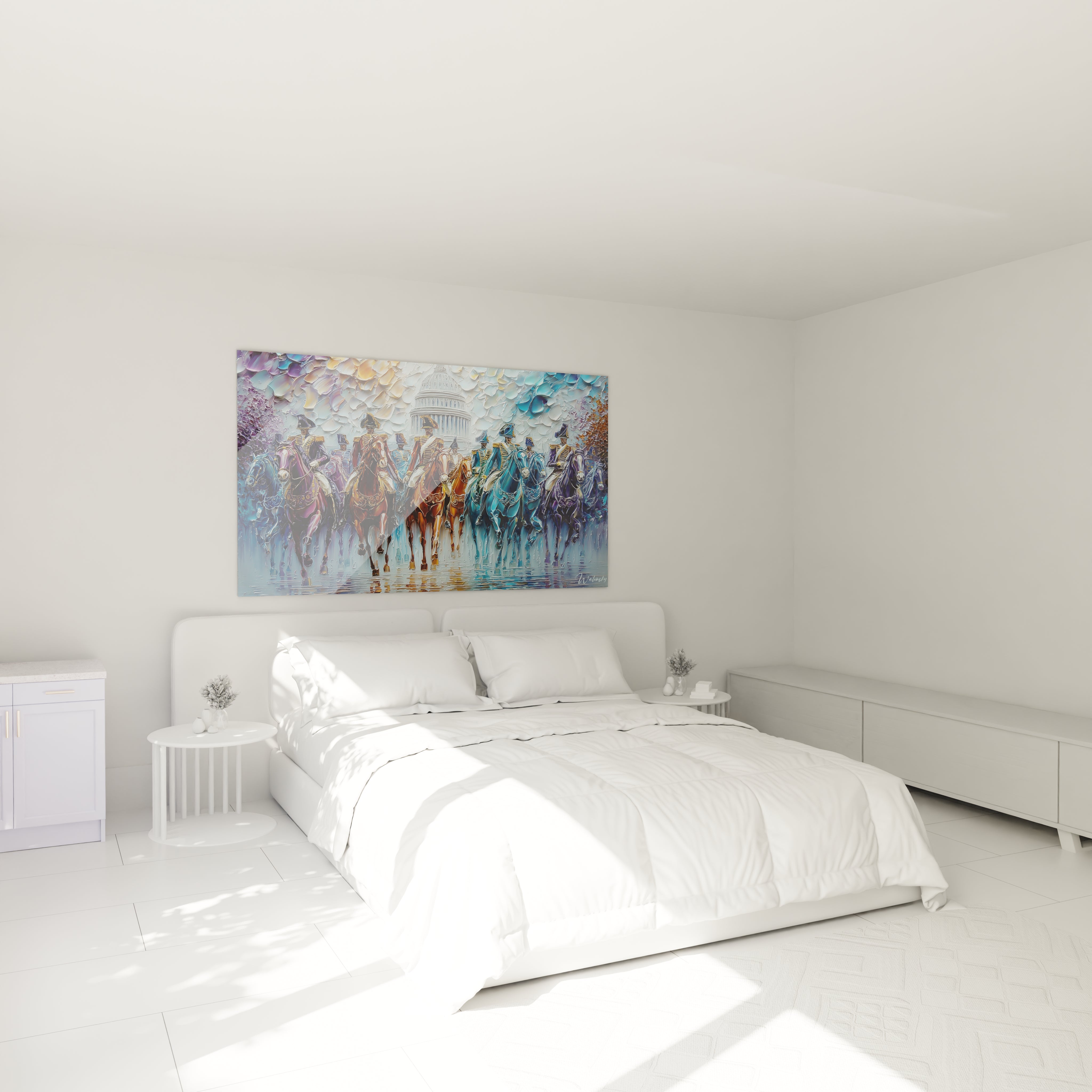 Chambre blanche minimaliste avec lit king size et tableau cavalerie impériale coloré signé Walensky