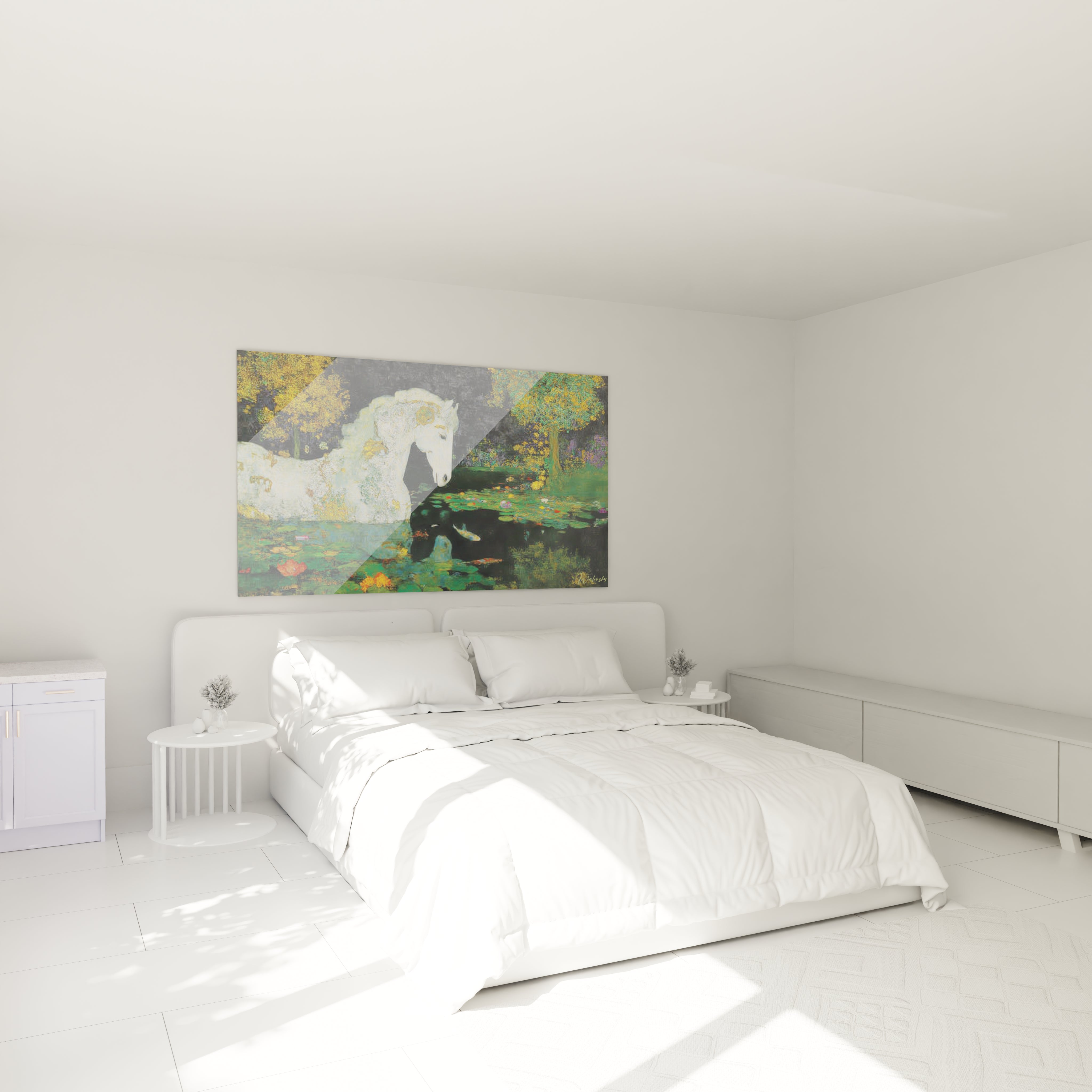 tableau cheval blanc symboliste Walensky accroche au dessus du lit dans une chambre blanche minimaliste et lumineuse