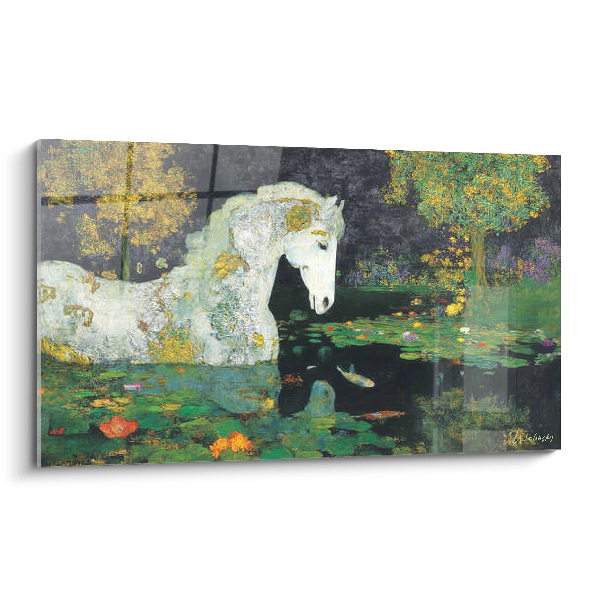Walensky tableau cheval blanc symboliste peinture murale d un cheval blanc dans un étang aux nénuphars