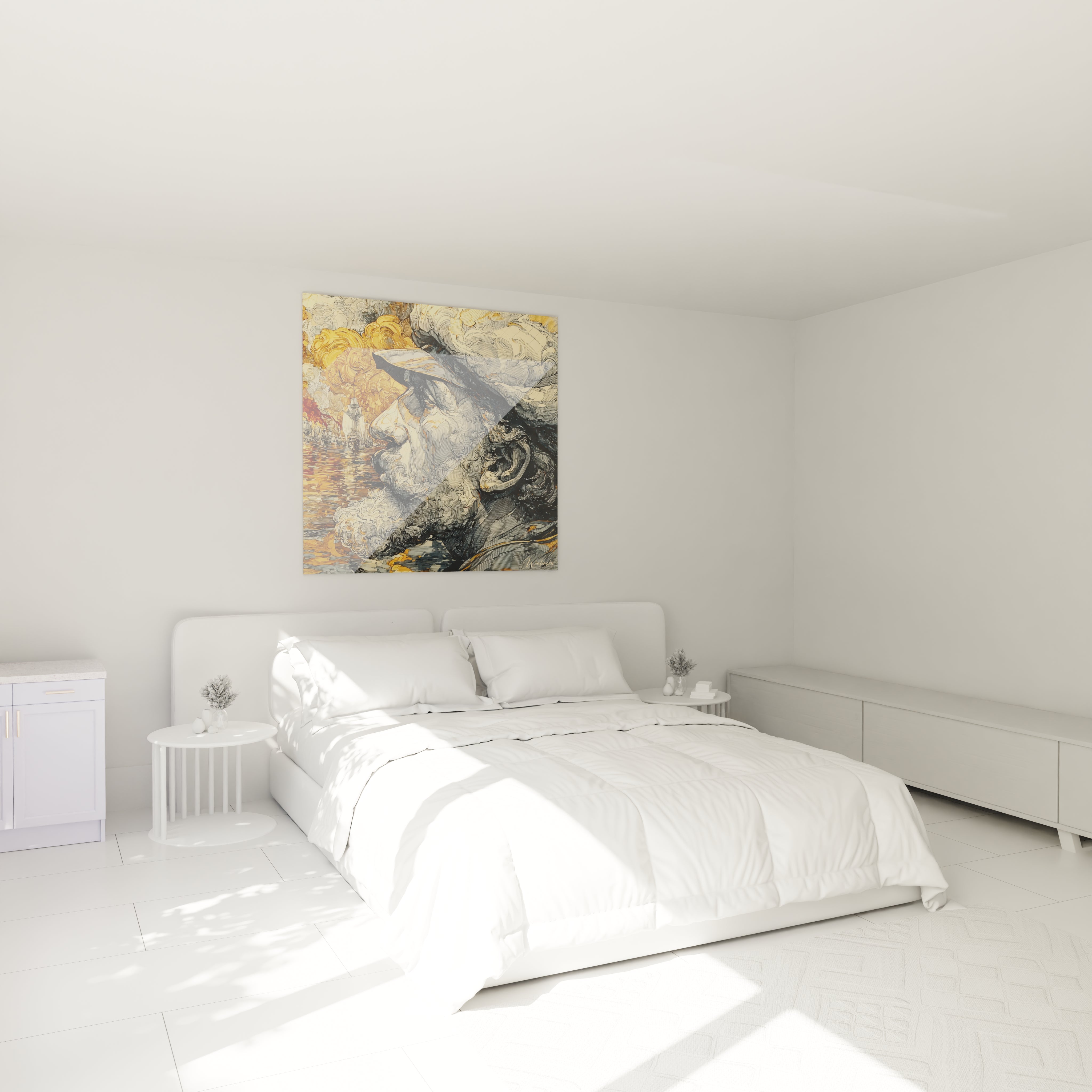 tableau Christophe Colomb carré Walensky accroché au dessus du lit blanc minimaliste dans une chambre lumineuse et epurée