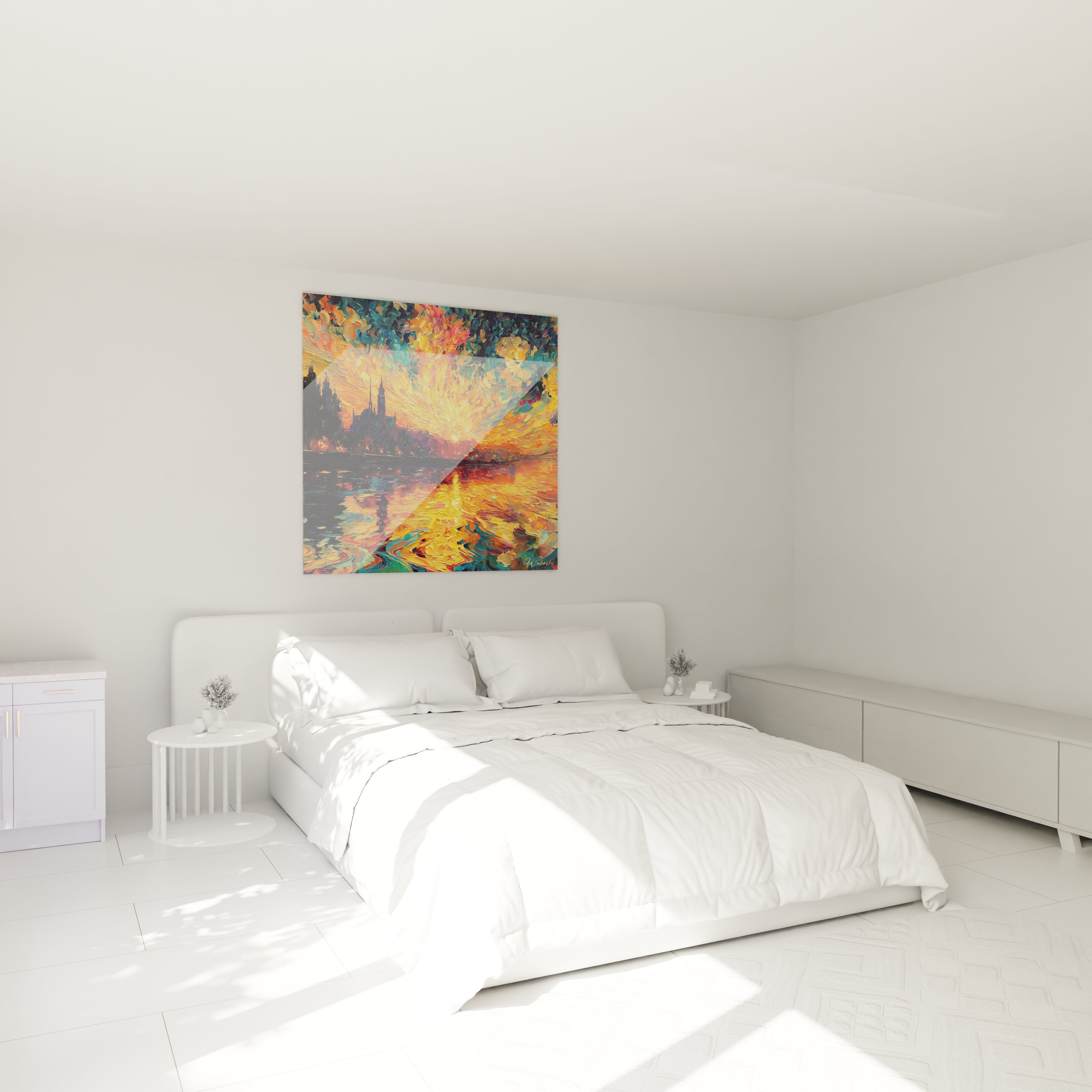 Walensky tableau coucher de soleil pointillisme mural colore au dessus du lit dans chambre blanche minimaliste