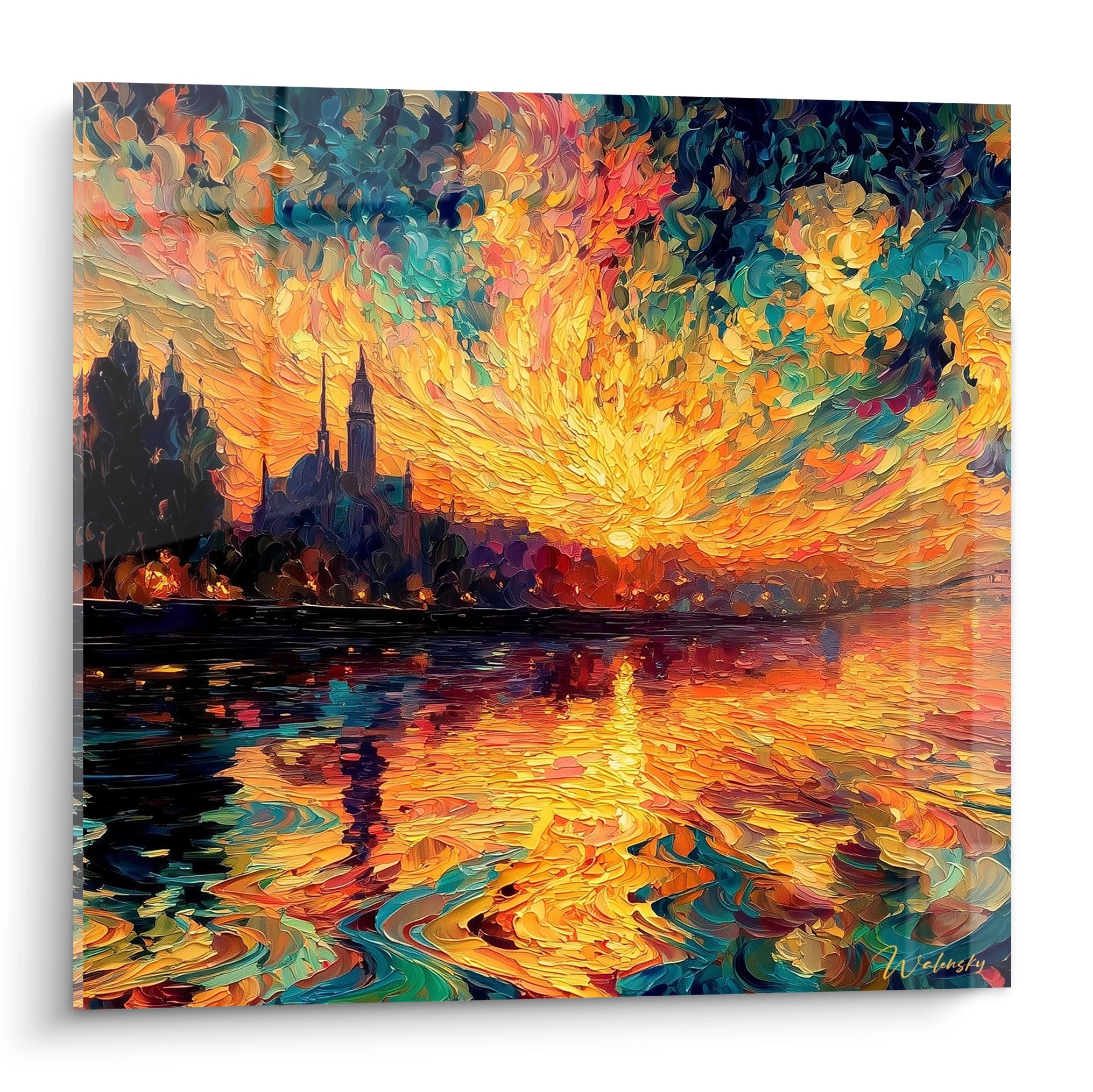 Walensky tableau coucher de soleil pointillisme mural avec silhouette de ville et reflet vibrant sur la surface de l eau