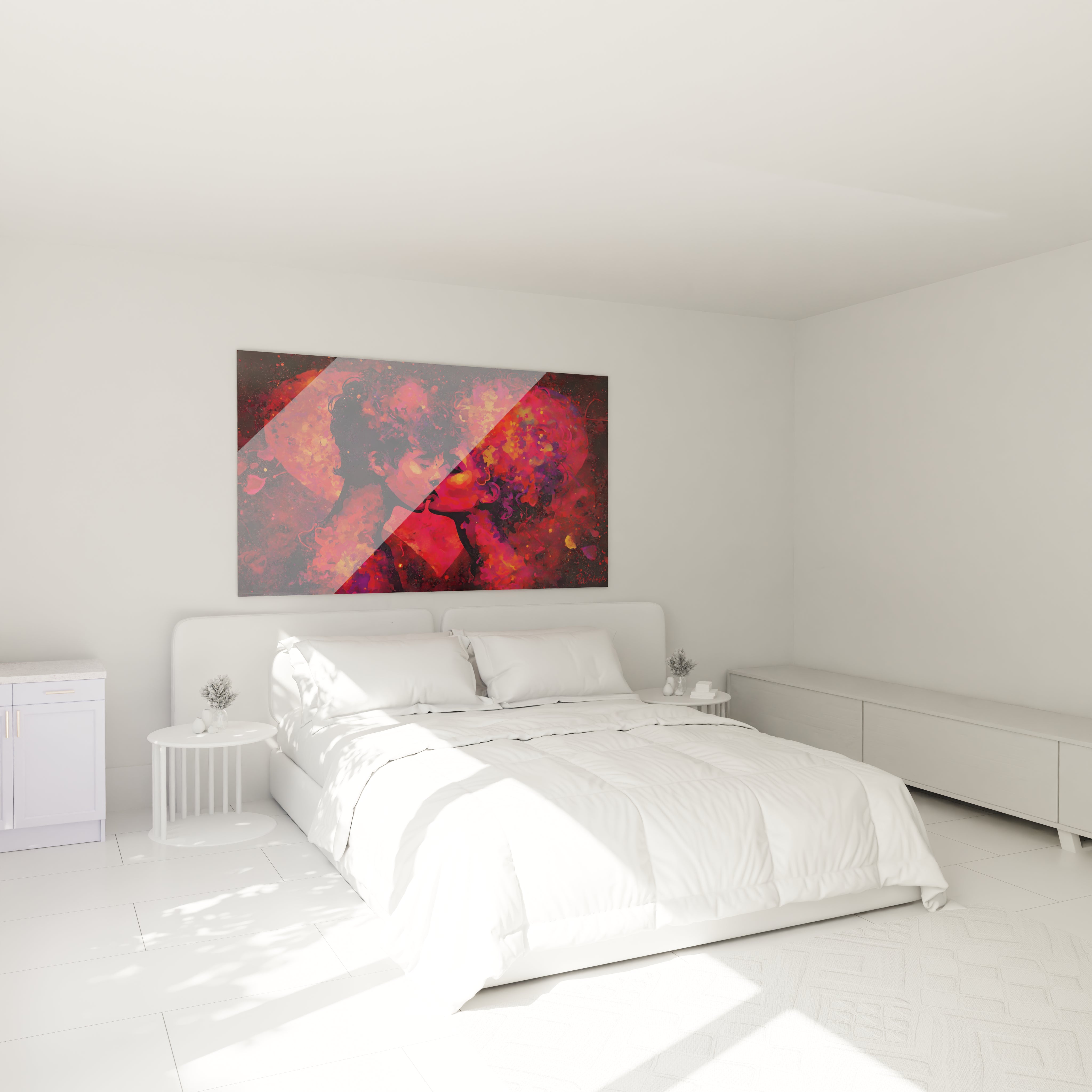 Tableau mural Walensky montrant un tableau couple baiser passionné rouge abstrait accroché au dessus du lit blanc minimaliste