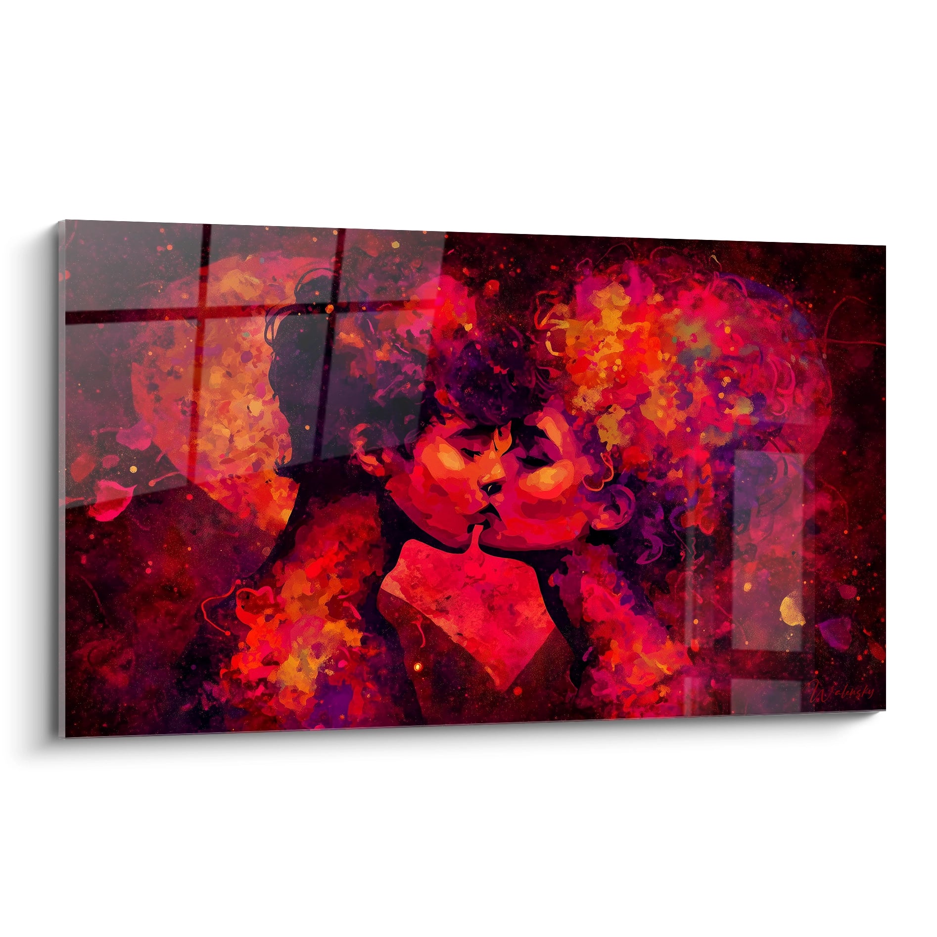 Tableau mural Walensky représentant un tableau couple baiser passionné en peinture abstraite rouge et orange pour déco romantique