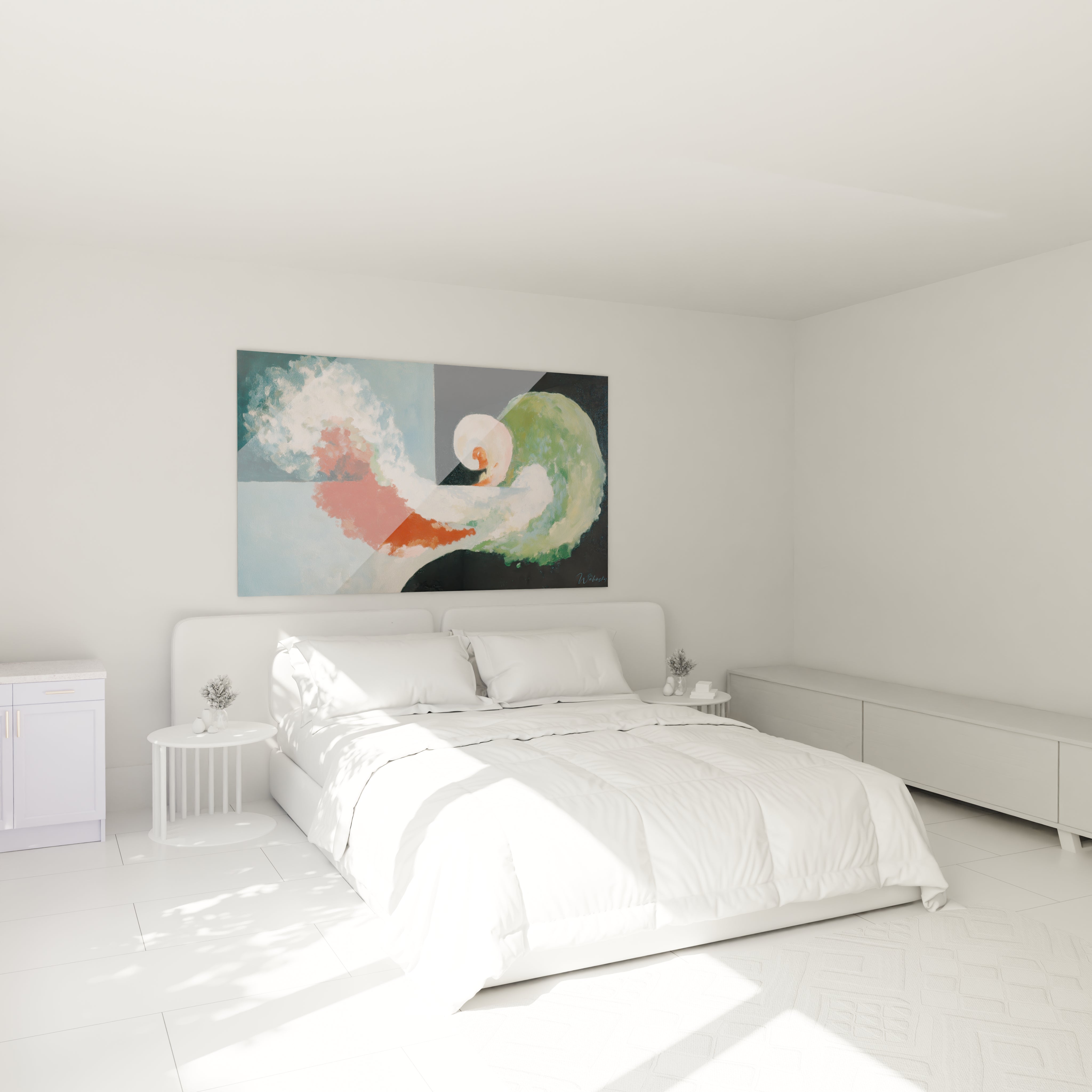 Tableau mural Walensky avec tableau dadaïsme moderne abstrait vert et rose au dessus d un lit blanc minimaliste