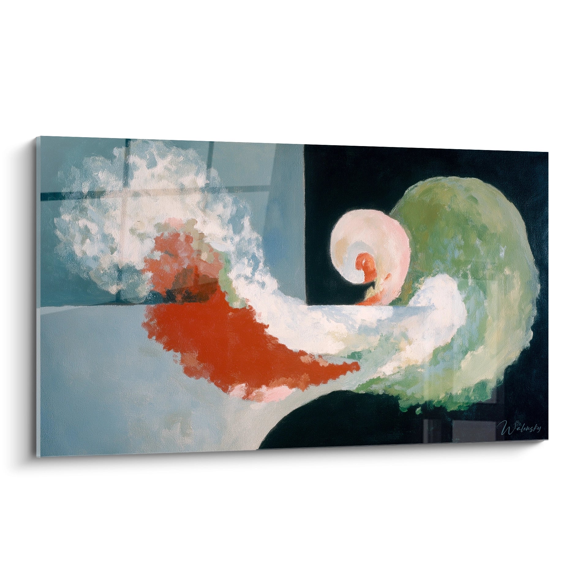 Walensky tableau dadaïsme moderne mural abstrait vert spirale et éclat rouge avec nuage blanc