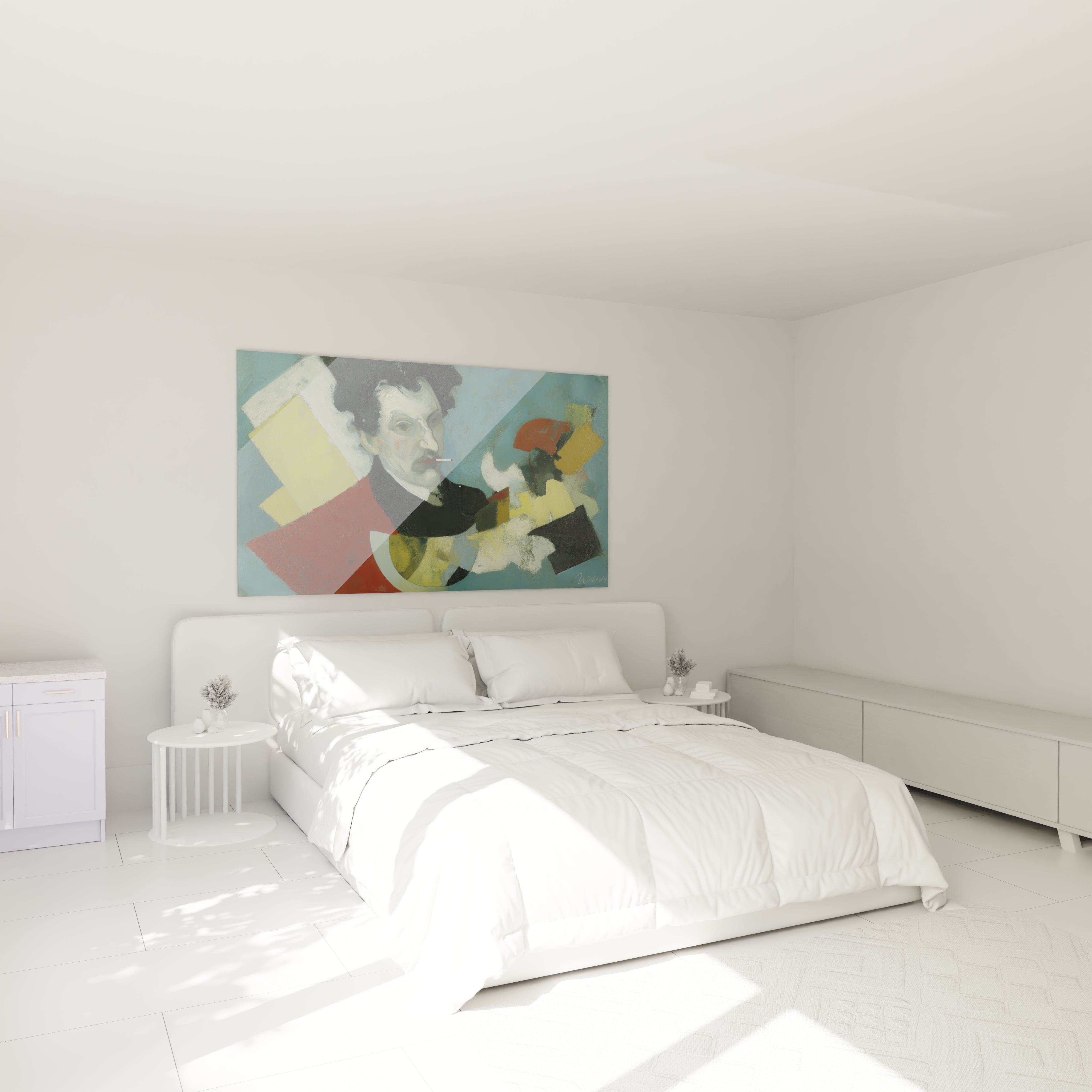 tableau dadaïsme moderne Walensky accroché au dessus d un lit blanc minimaliste dans une chambre lumineuse