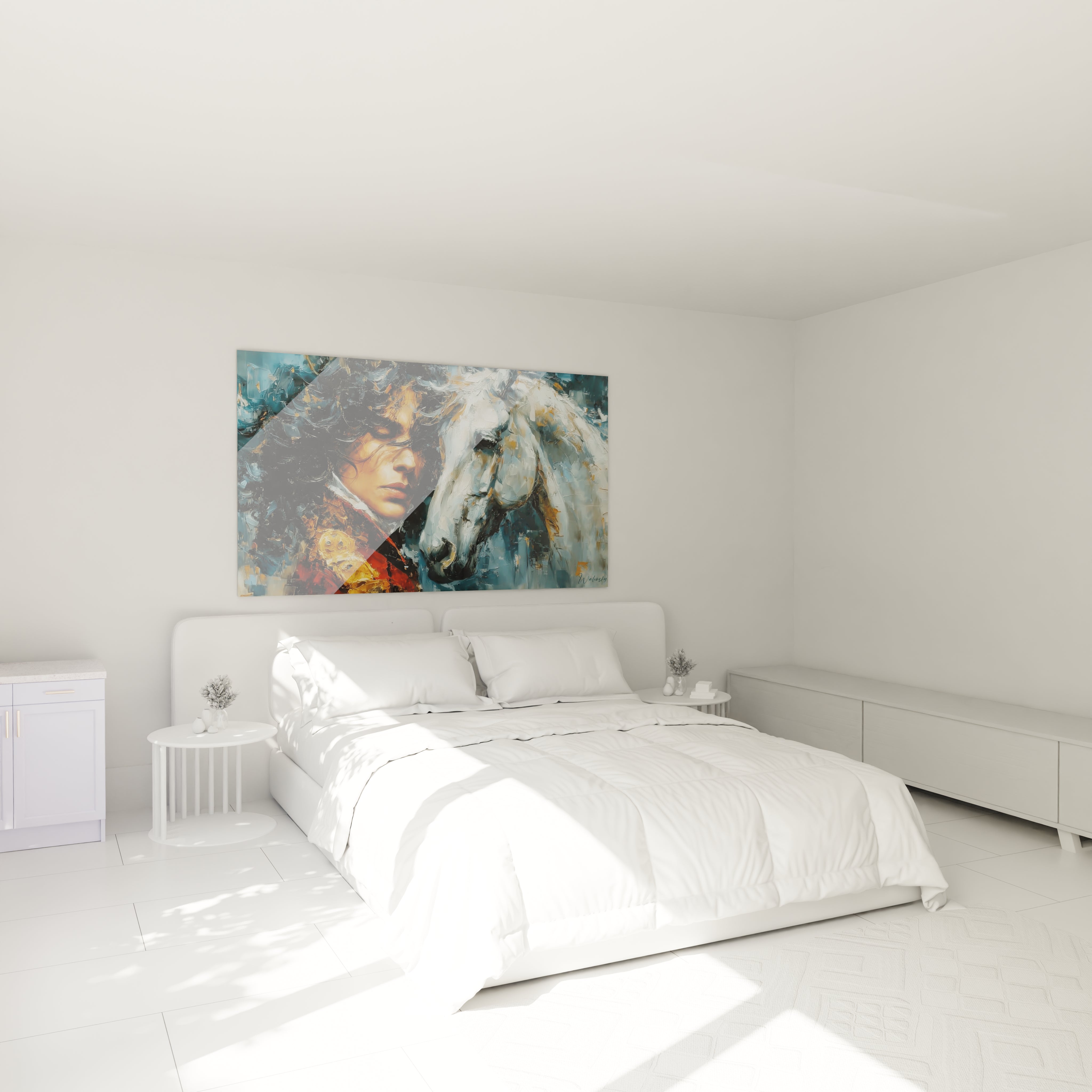 tableau femme âmes jumelles Louis XIV par Walensky accroché au dessus d un lit blanc dans une chambre moderne lumineuse