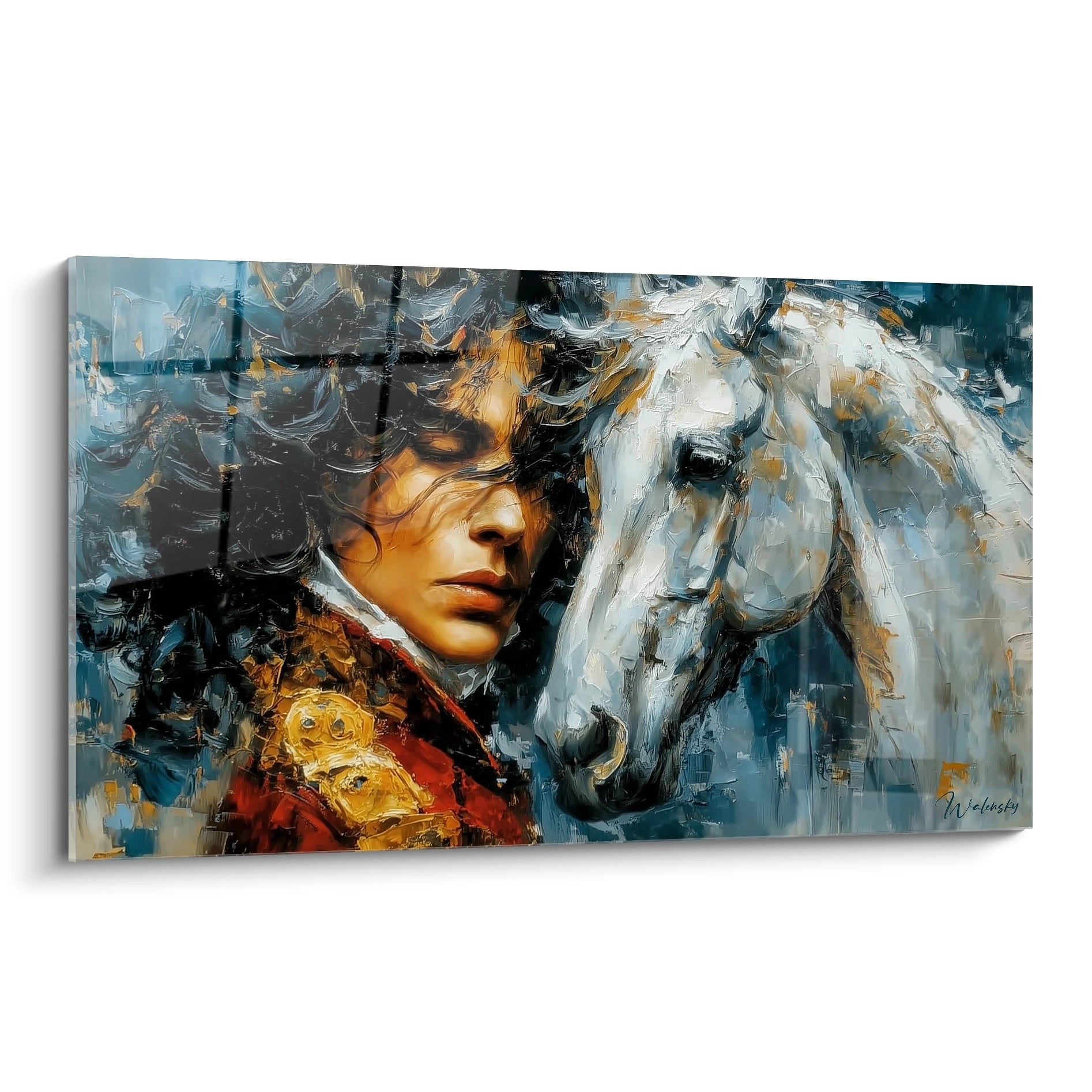 Tableau femme âmes jumelles Louis XIV Walensky peinture murale impressionniste femme et cheval blanc en tenue royale