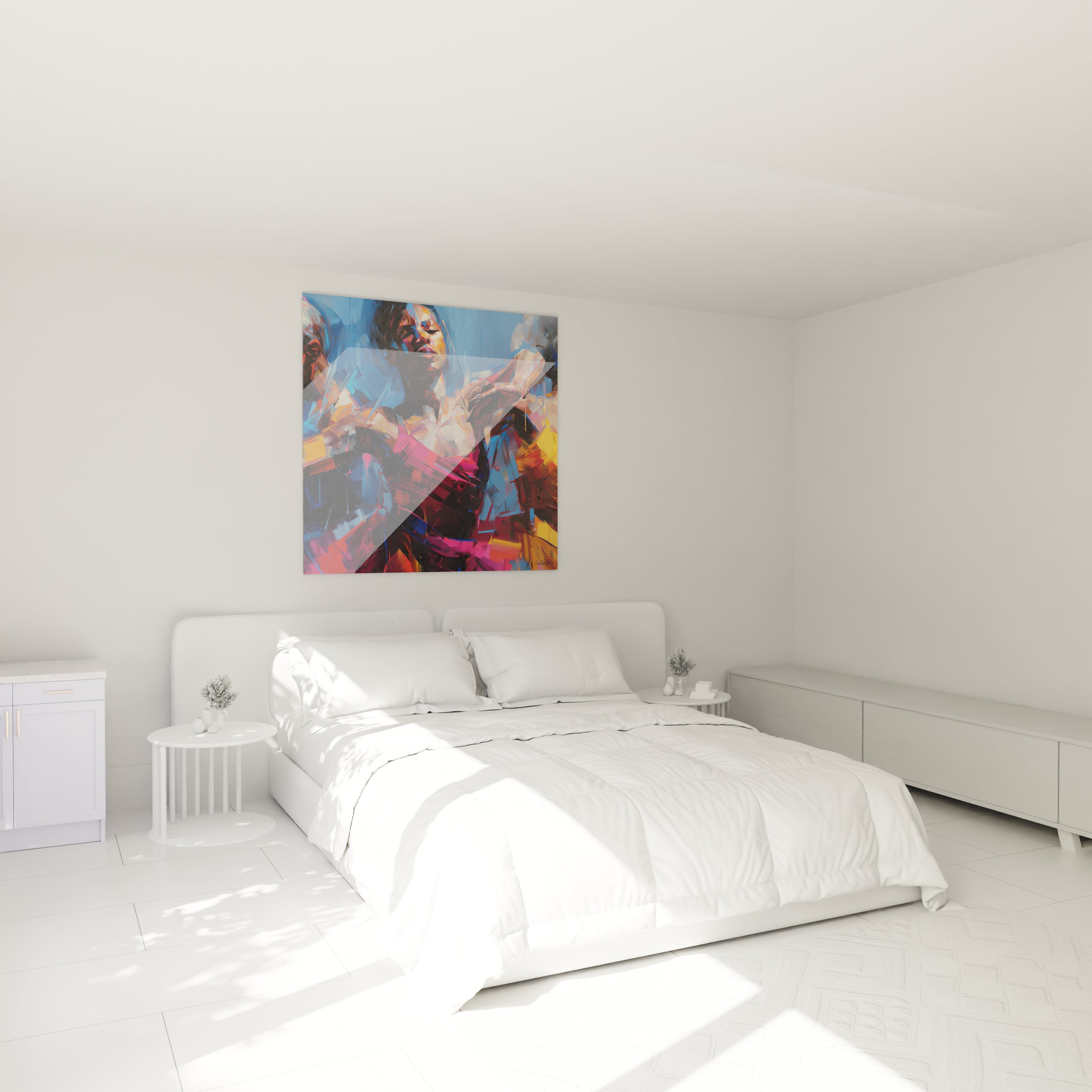 tableau femme danse africaine Walensky accroché au dessus d un lit blanc moderne décoration murale colorée