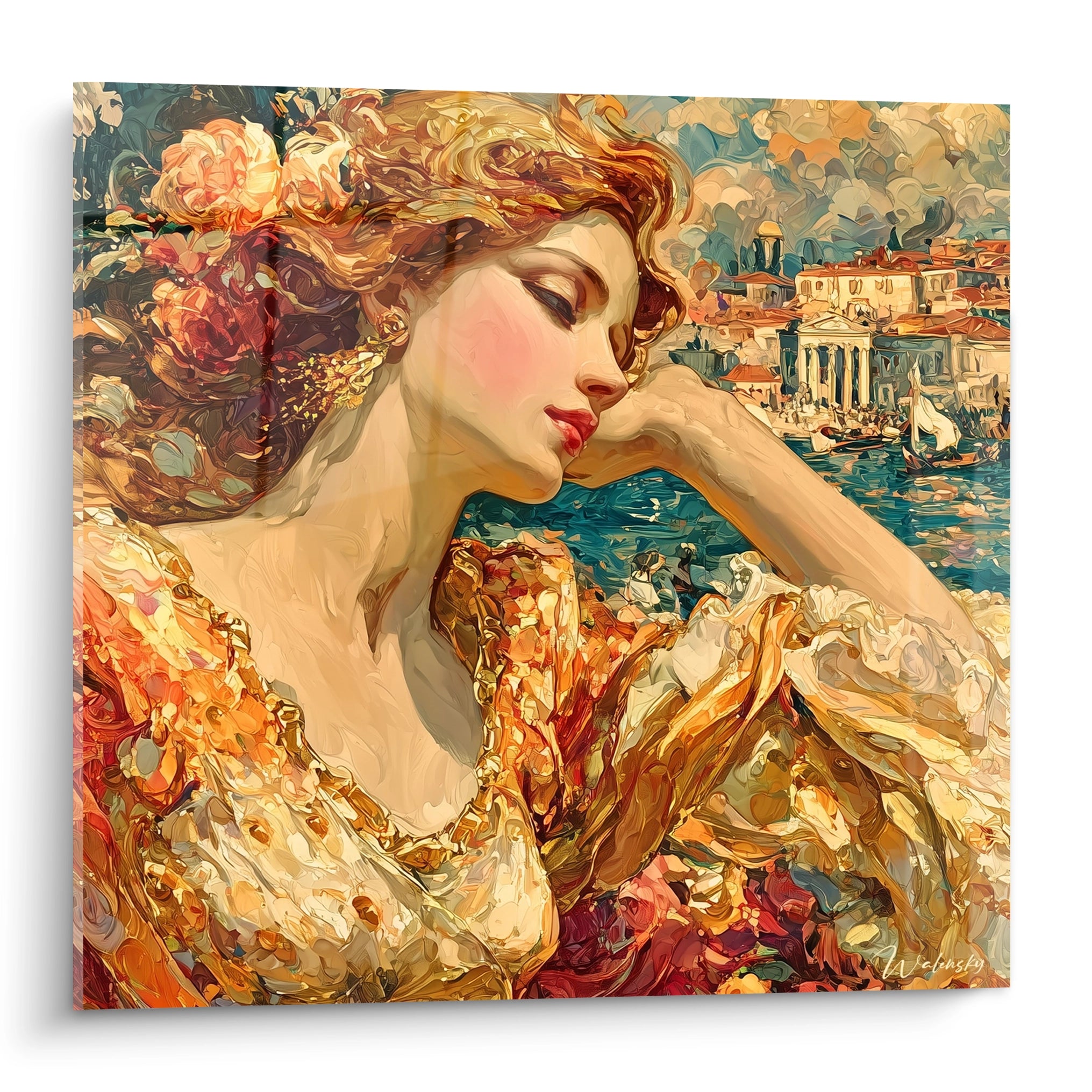 tableau femme renaissance italienne Walensky peinture murale portrait de femme elegante au bord de l eau en robe doree